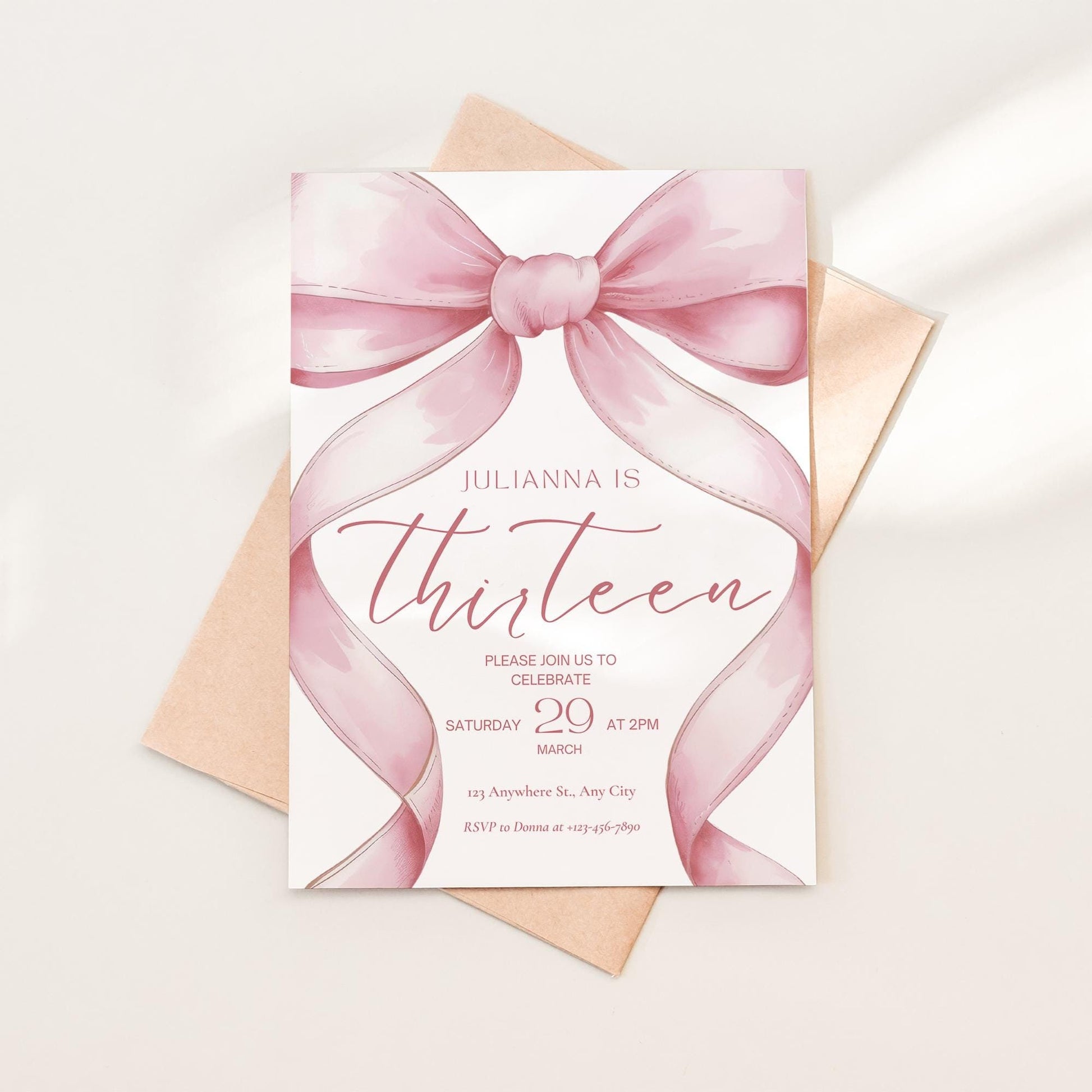 Pink Coquette Invite 13 year old girl birthday invitation 13th Birthday Invitation Girl thirteenth Pink Bow Birthday Teen Birthday Party