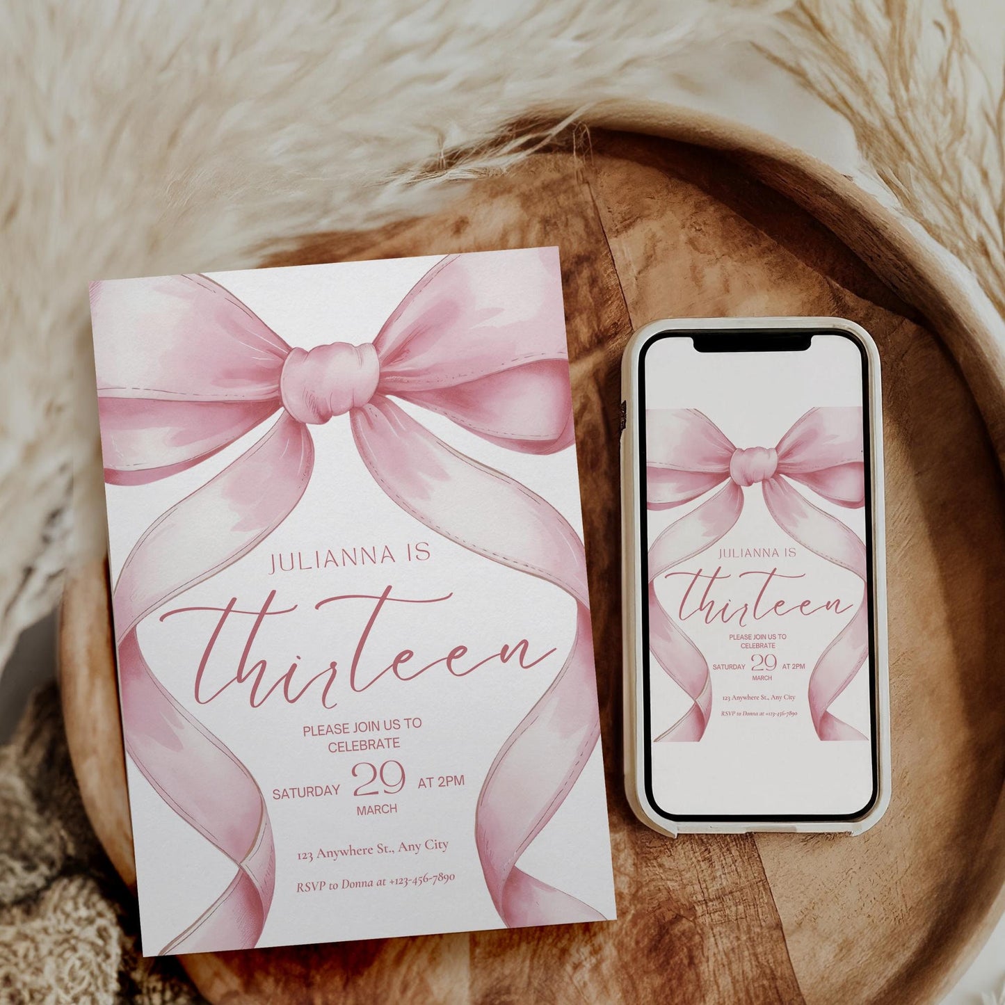 Pink Coquette Invite 13 year old girl birthday invitation 13th Birthday Invitation Girl thirteenth Pink Bow Birthday Teen Birthday Party