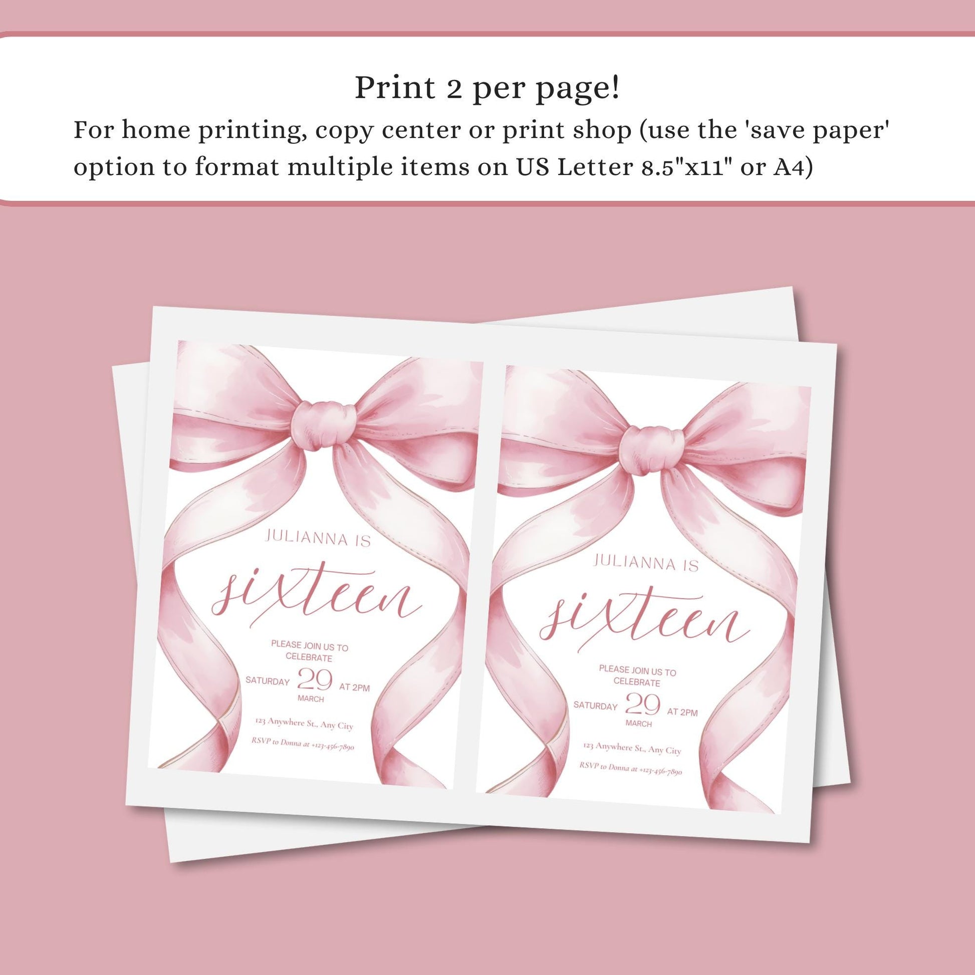 Pink Coquette Invite 16th birthday invitation 16th Birthday Invitation Girl sixteenth Pink Bow Birthday Teen Birthday Party Sweet Sixteen