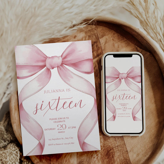 Pink Coquette Invite 16th birthday invitation 16th Birthday Invitation Girl sixteenth Pink Bow Birthday Teen Birthday Party Sweet Sixteen