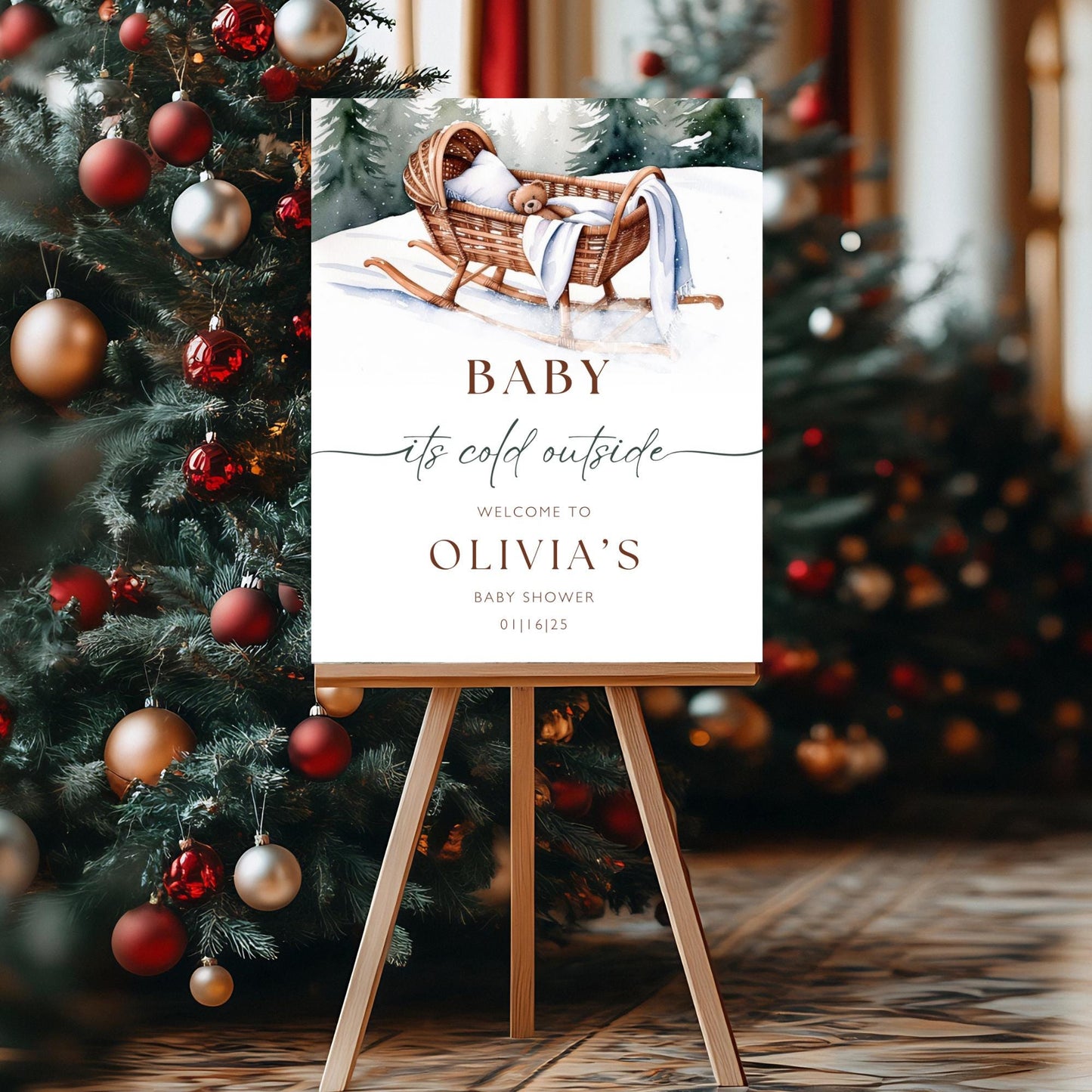 Baby its Cold Outside Baby Shower Welcome Sign Christmas Baby Shower Poster Winter Wonderland Baby Shower Sign Winter Teddy Bear