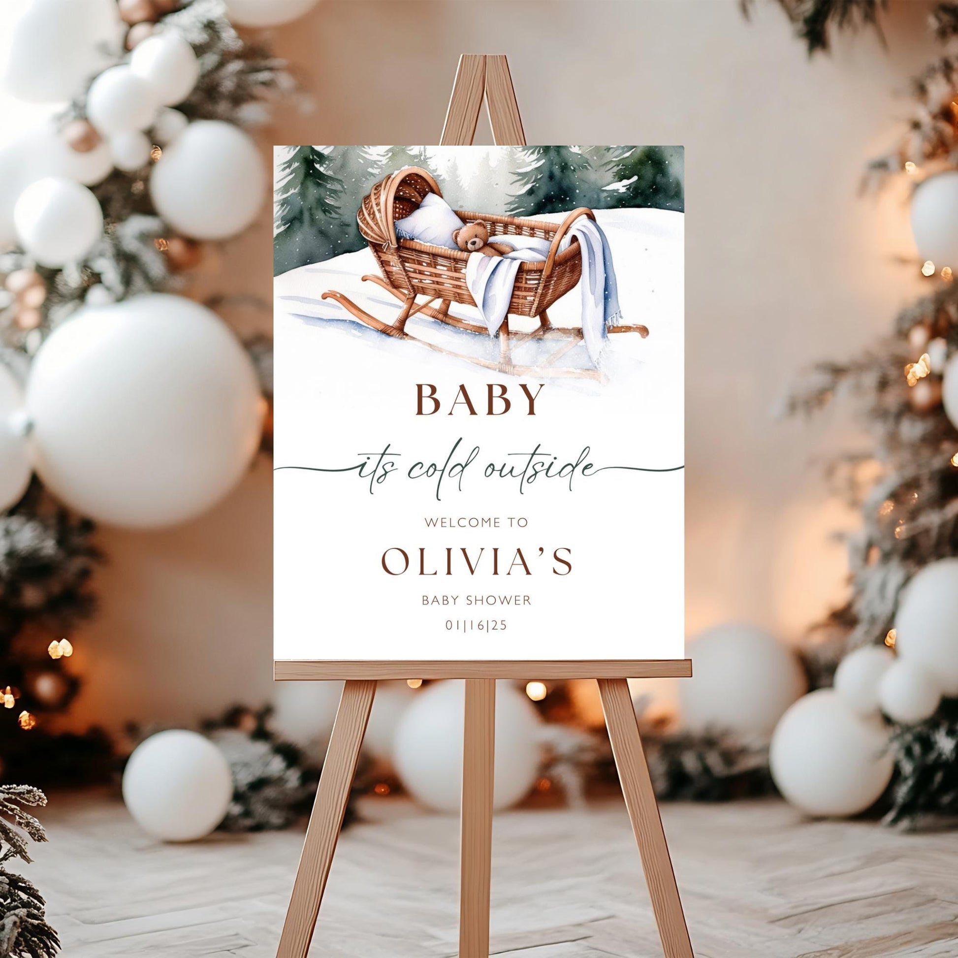 Baby its Cold Outside Baby Shower Welcome Sign Christmas Baby Shower Poster Winter Wonderland Baby Shower Sign Winter Teddy Bear