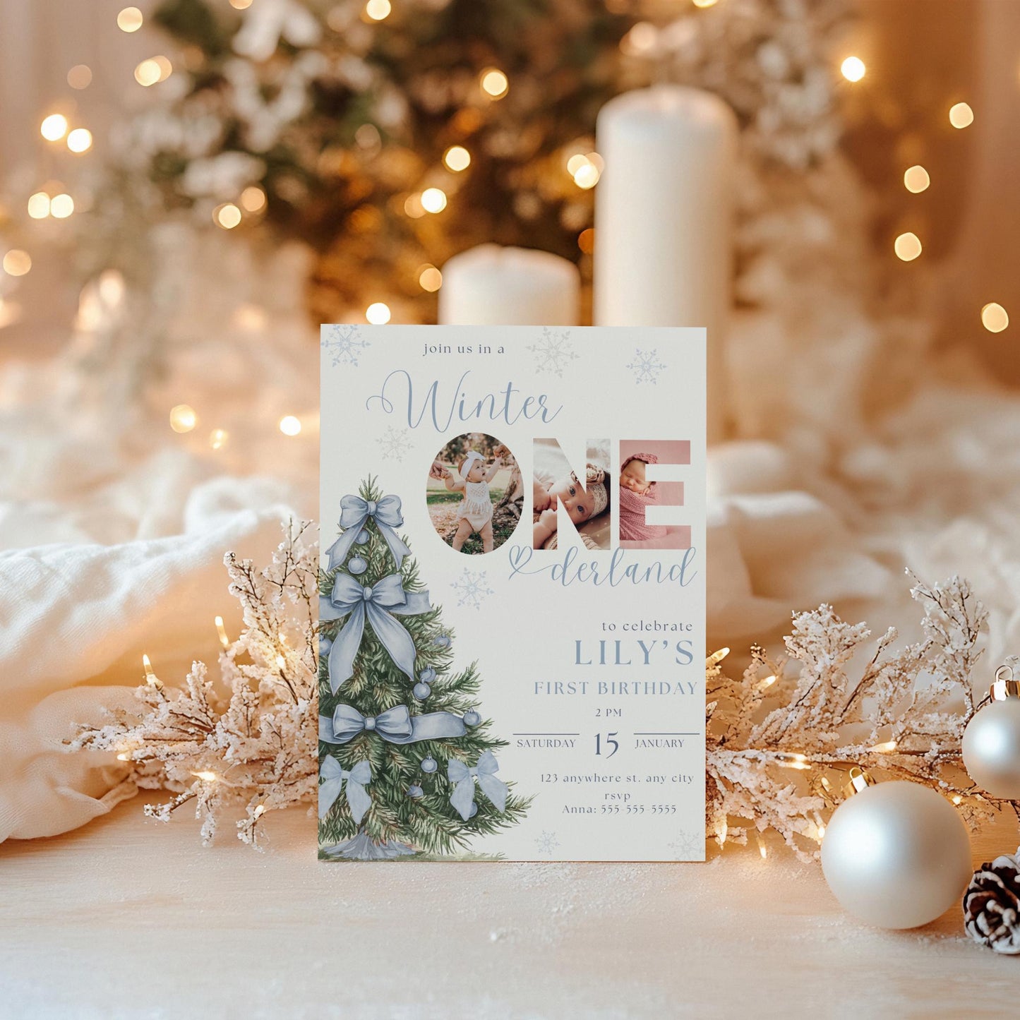 Blue Bow Invite - Winter Onederland - 1st Birthday Party - Snowflakes - Printable Invitation