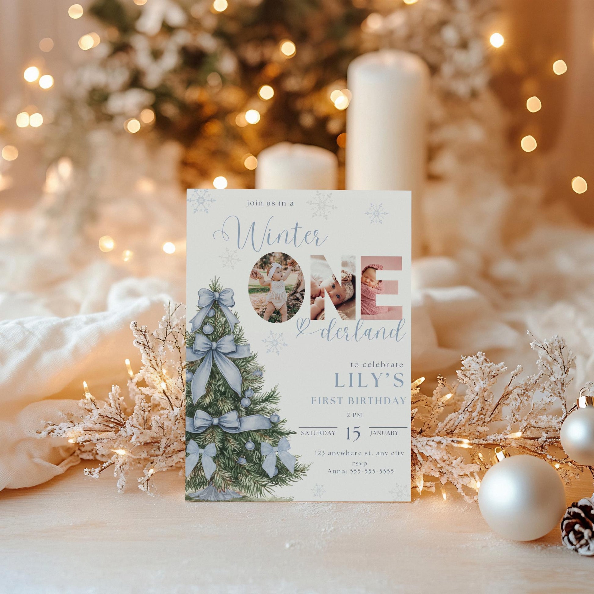 Blue Bow Invite - Winter Onederland - 1st Birthday Party - Snowflakes - Printable Invitation