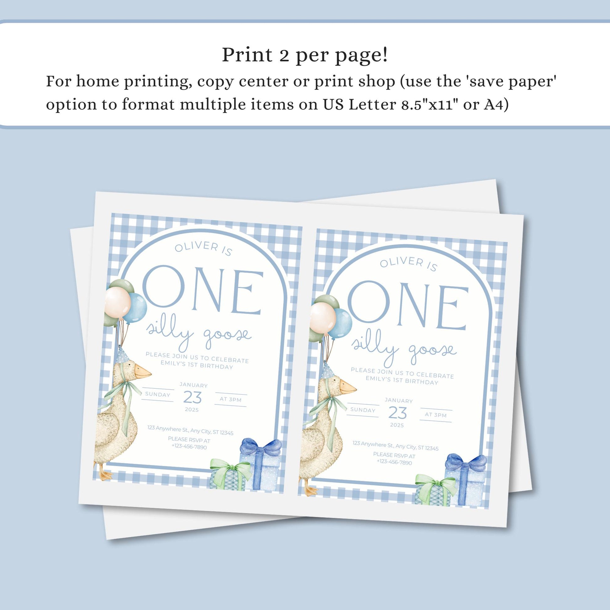 One Silly Goose Birthday Invite Blue Boy First Birthday 1st Birthday Silly Goose Decor Editable  Invitation Nursery Rhyme Birthday