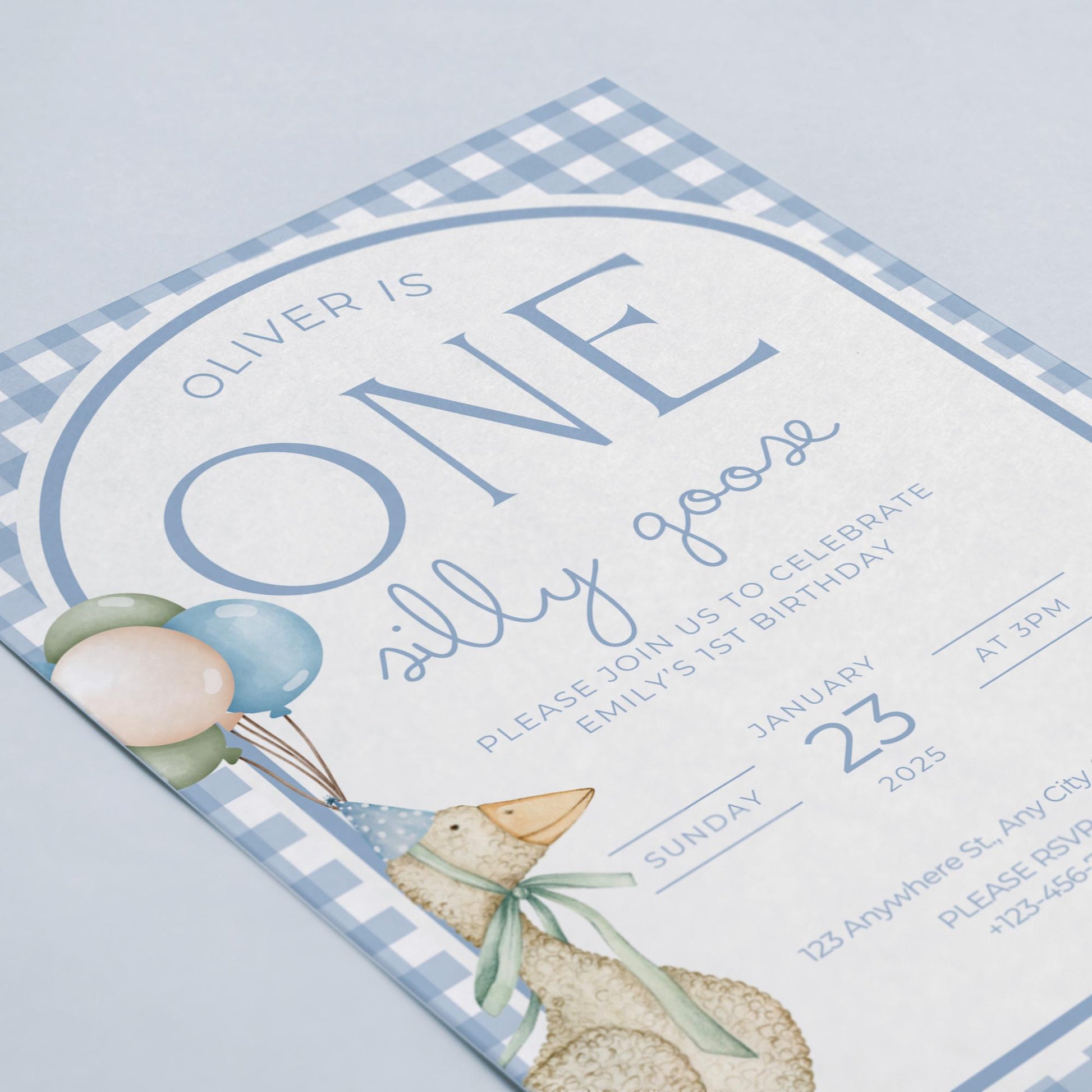 One Silly Goose Birthday Invite Blue Boy First Birthday 1st Birthday Silly Goose Decor Editable  Invitation Nursery Rhyme Birthday