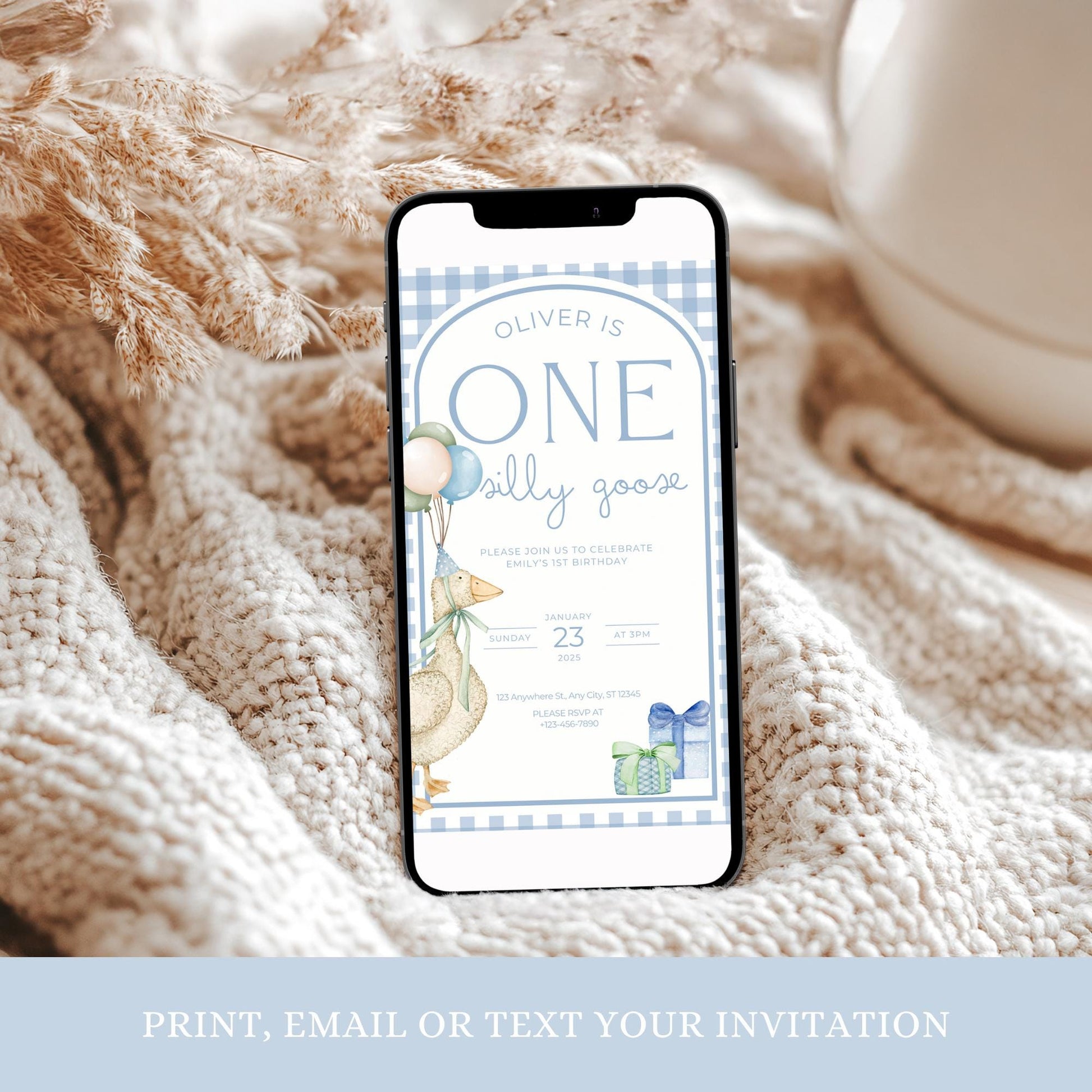 One Silly Goose Birthday Invite Blue Boy First Birthday 1st Birthday Silly Goose Decor Editable  Invitation Nursery Rhyme Birthday