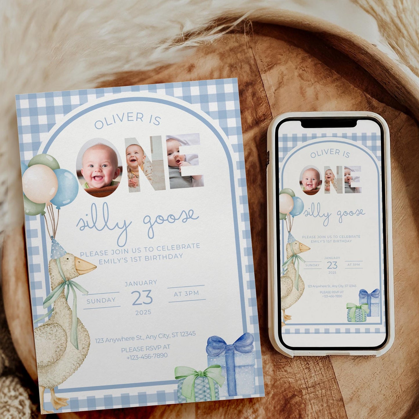 One Silly Goose Birthday Invite Blue Boy First Birthday 1st Birthday Silly Goose Decor Editable  Invitation Nursery Rhyme Birthday