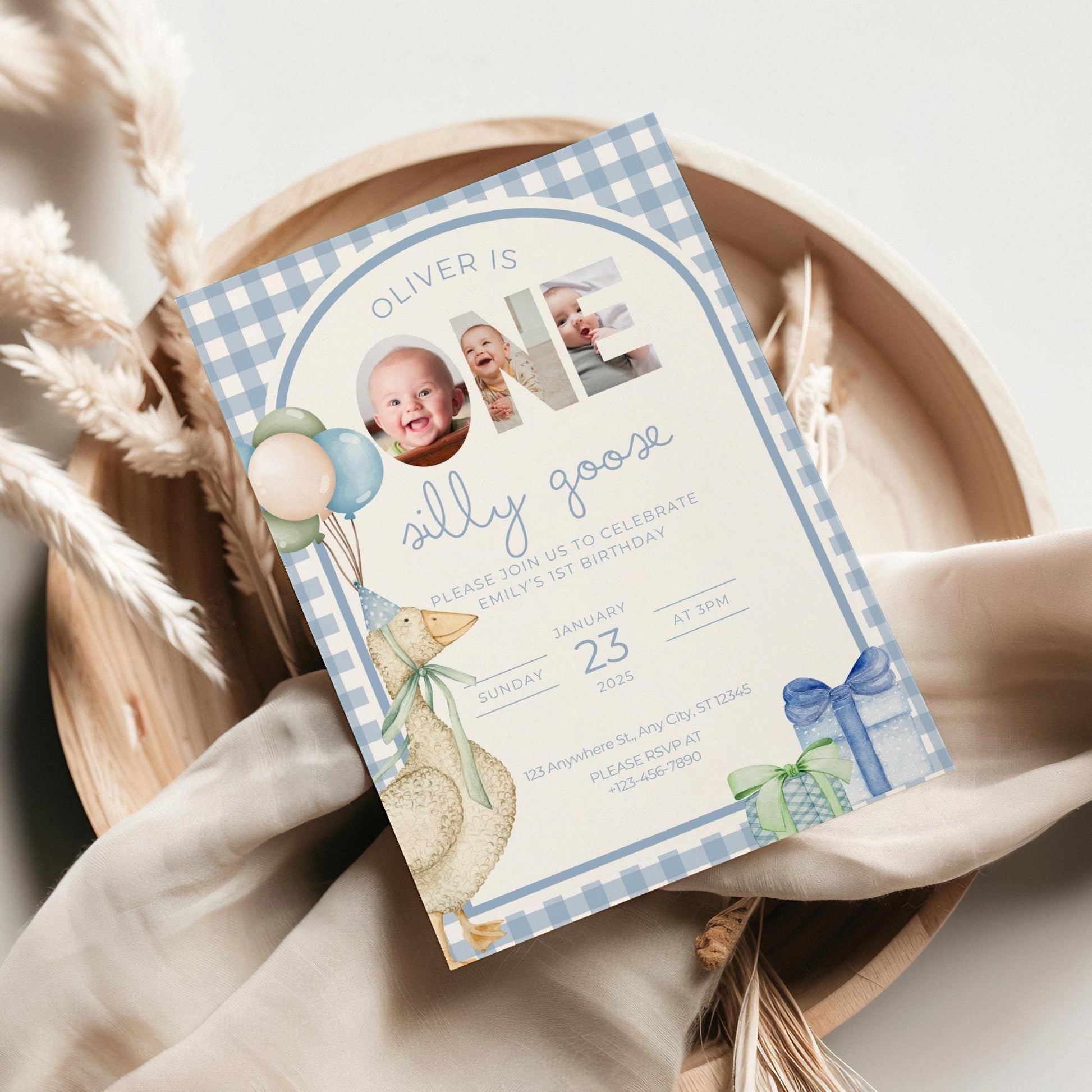 One Silly Goose Birthday Invite Blue Boy First Birthday 1st Birthday Silly Goose Decor Editable  Invitation Nursery Rhyme Birthday