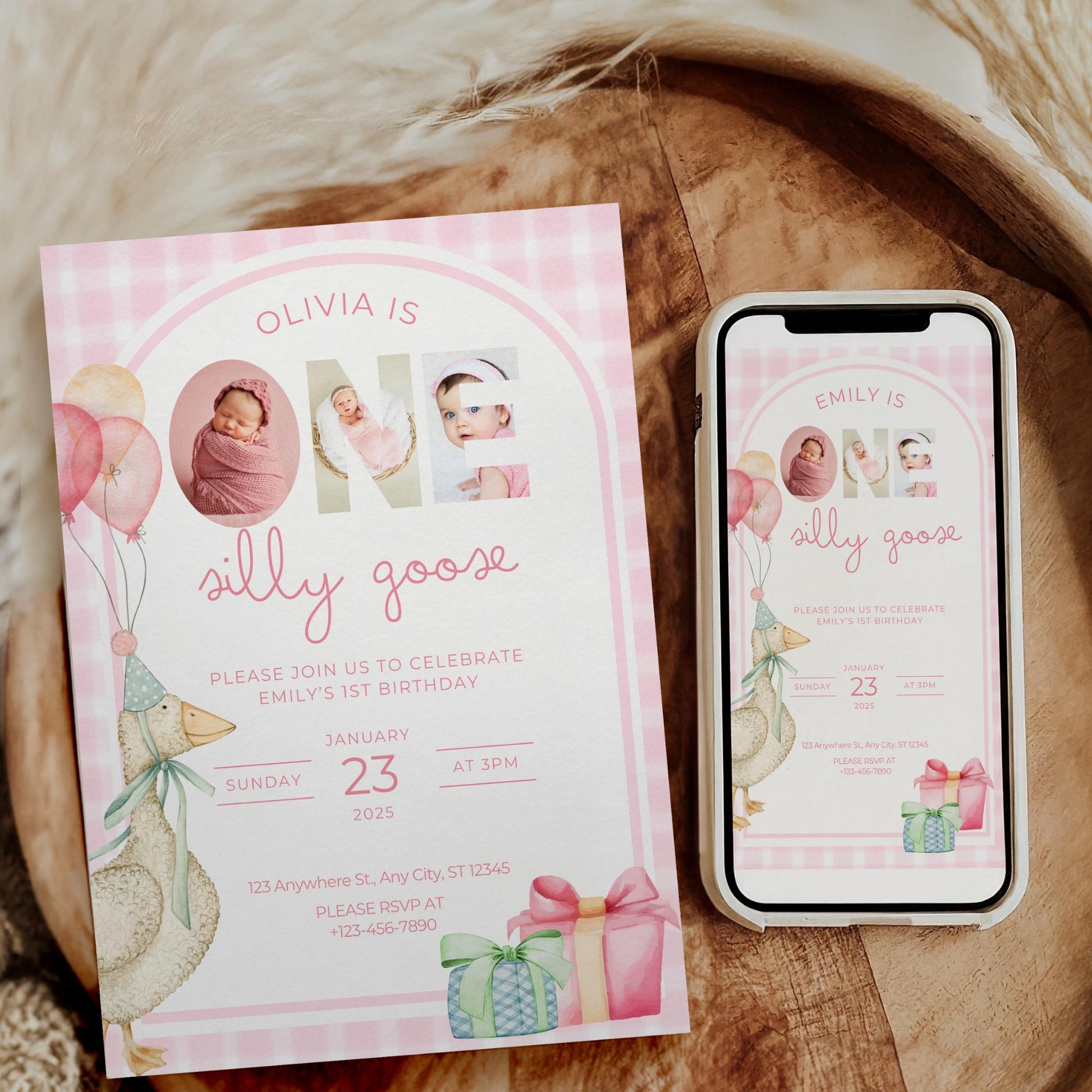 One Silly Goose Birthday Invite Pink Gingham Girl First Birthday 1st Birthday Silly Goose Decor Editable  Invitation Nursery Rhyme Birthday