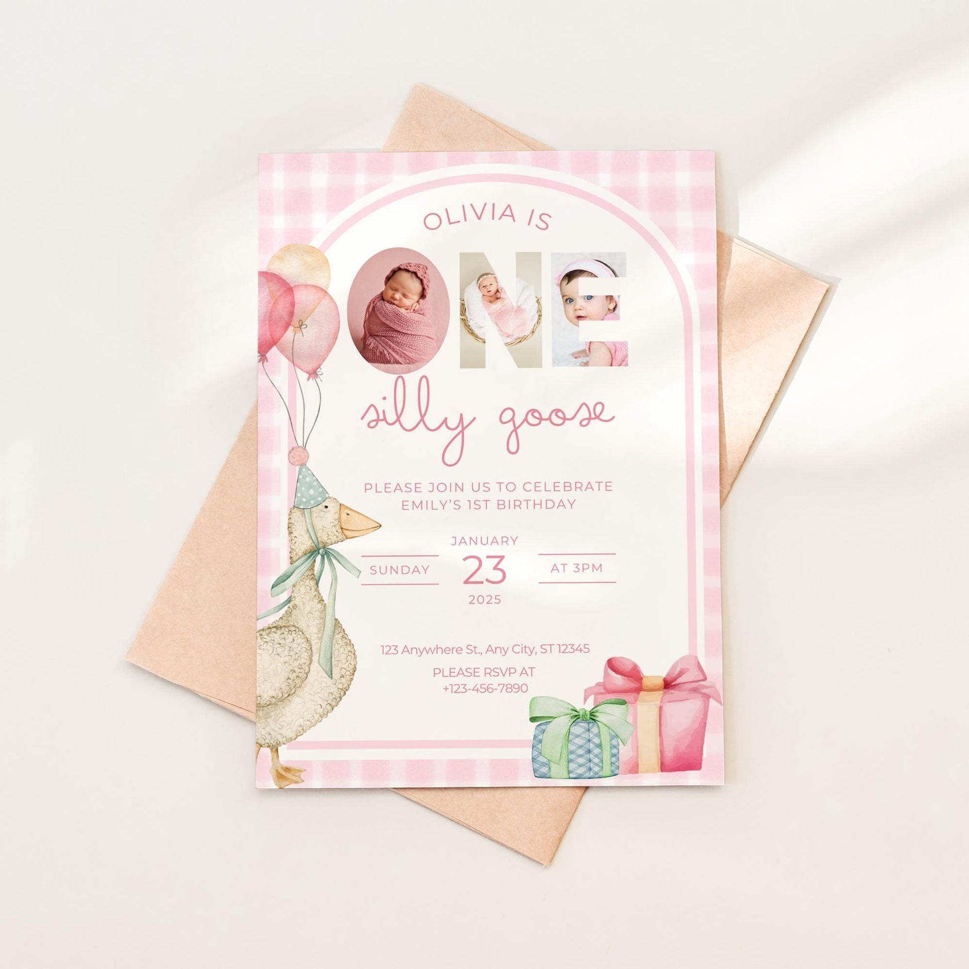 One Silly Goose Birthday Invite Pink Gingham Girl First Birthday 1st Birthday Silly Goose Decor Editable  Invitation Nursery Rhyme Birthday