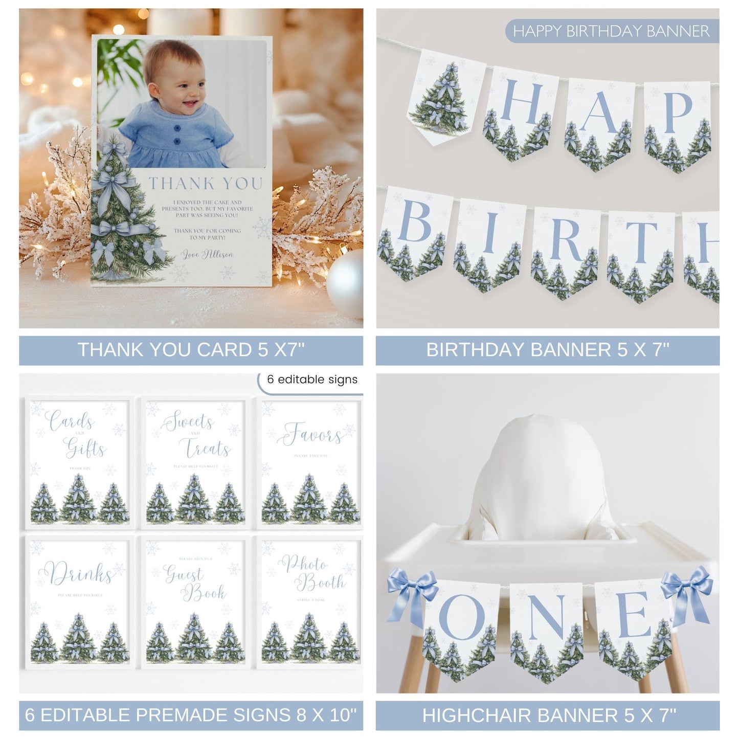 Winter ONEderland Birthday Invitation Bundle - Editable Templates - Woodland Theme - First Birthday Decorations