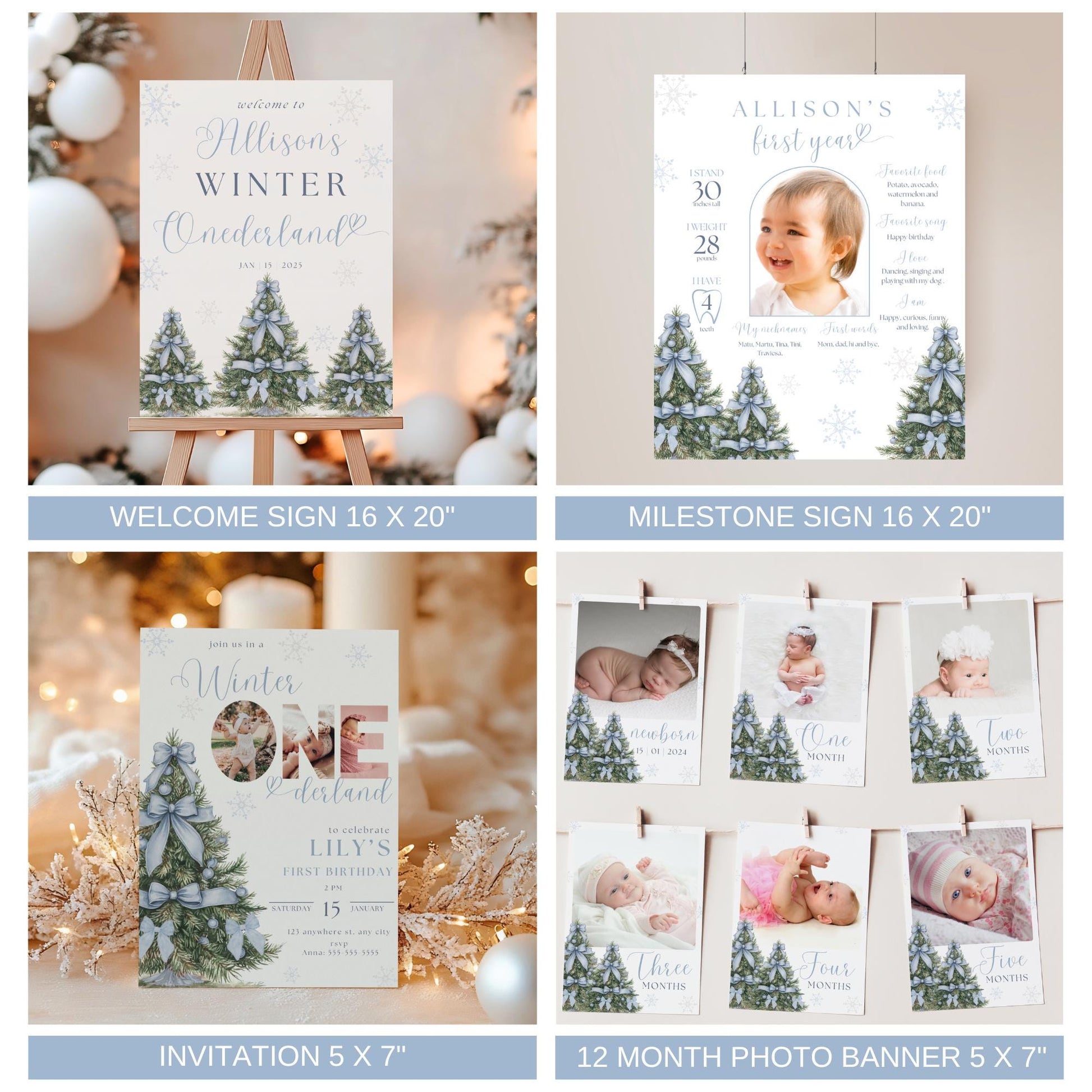 Winter ONEderland Birthday Decorations - Blue Bow Bundle - First Birthday Party - Editable Templates