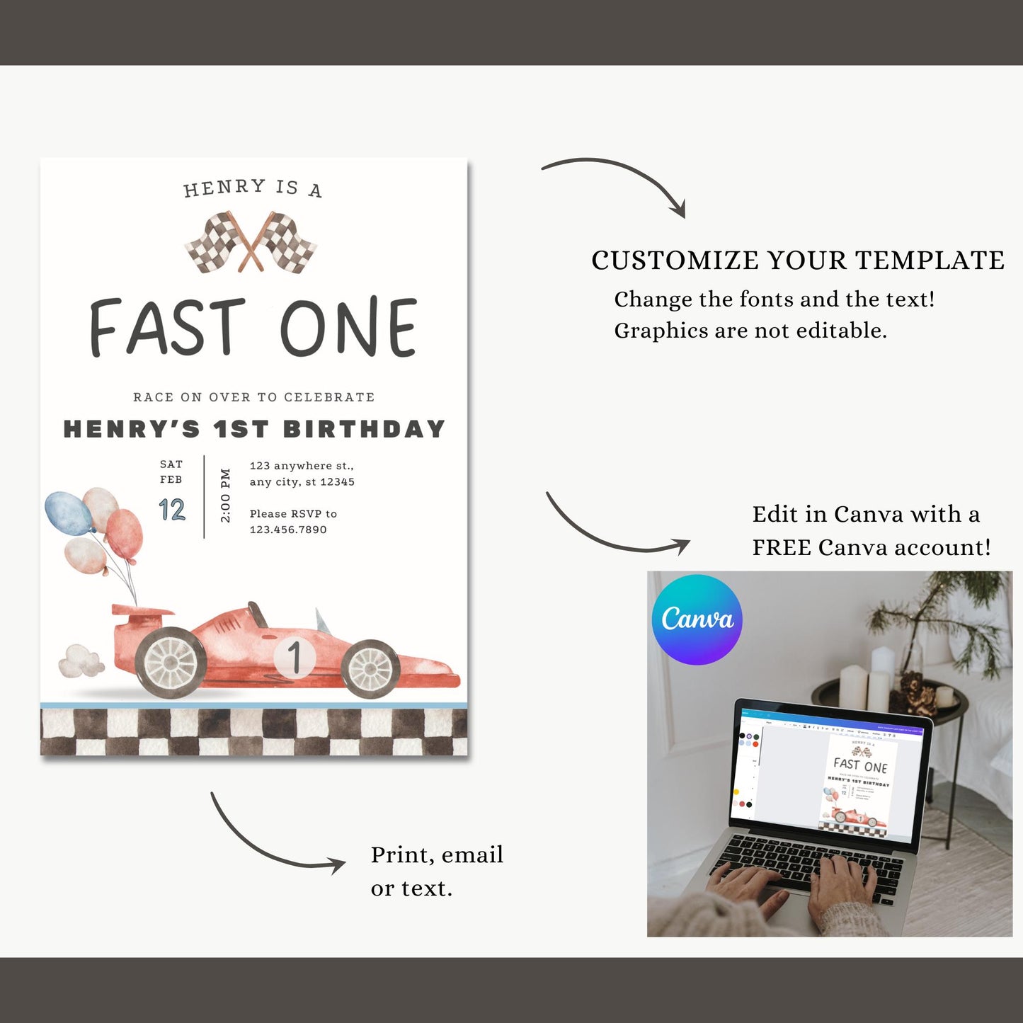 Fast One Birthday Invitation - Editable Race Car Invite - 1st Birthday Party - Instant Download Template