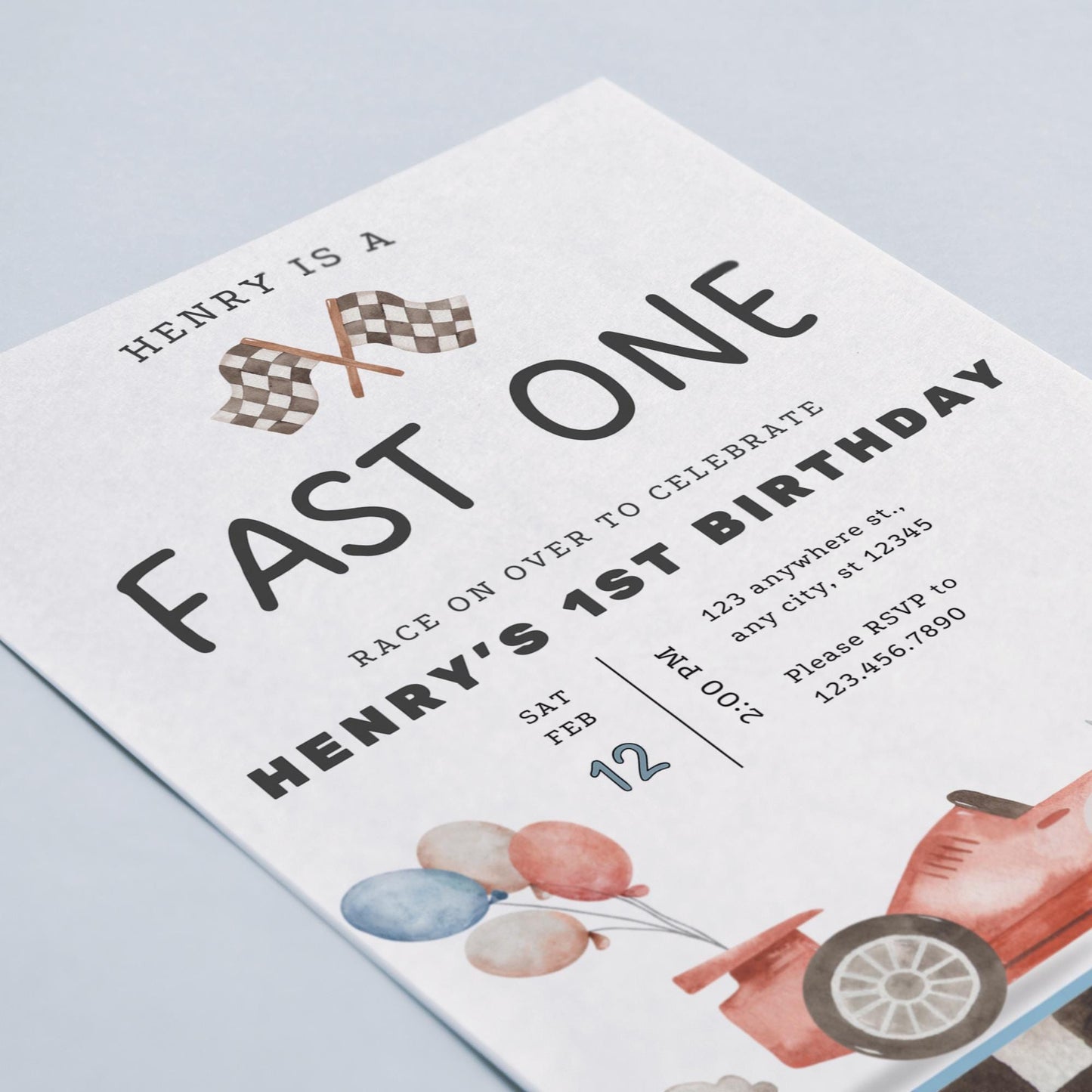 Editable Fast One Birthday Invitation - Racing Car Birthday - Printable Template - Instant Download for Kids
