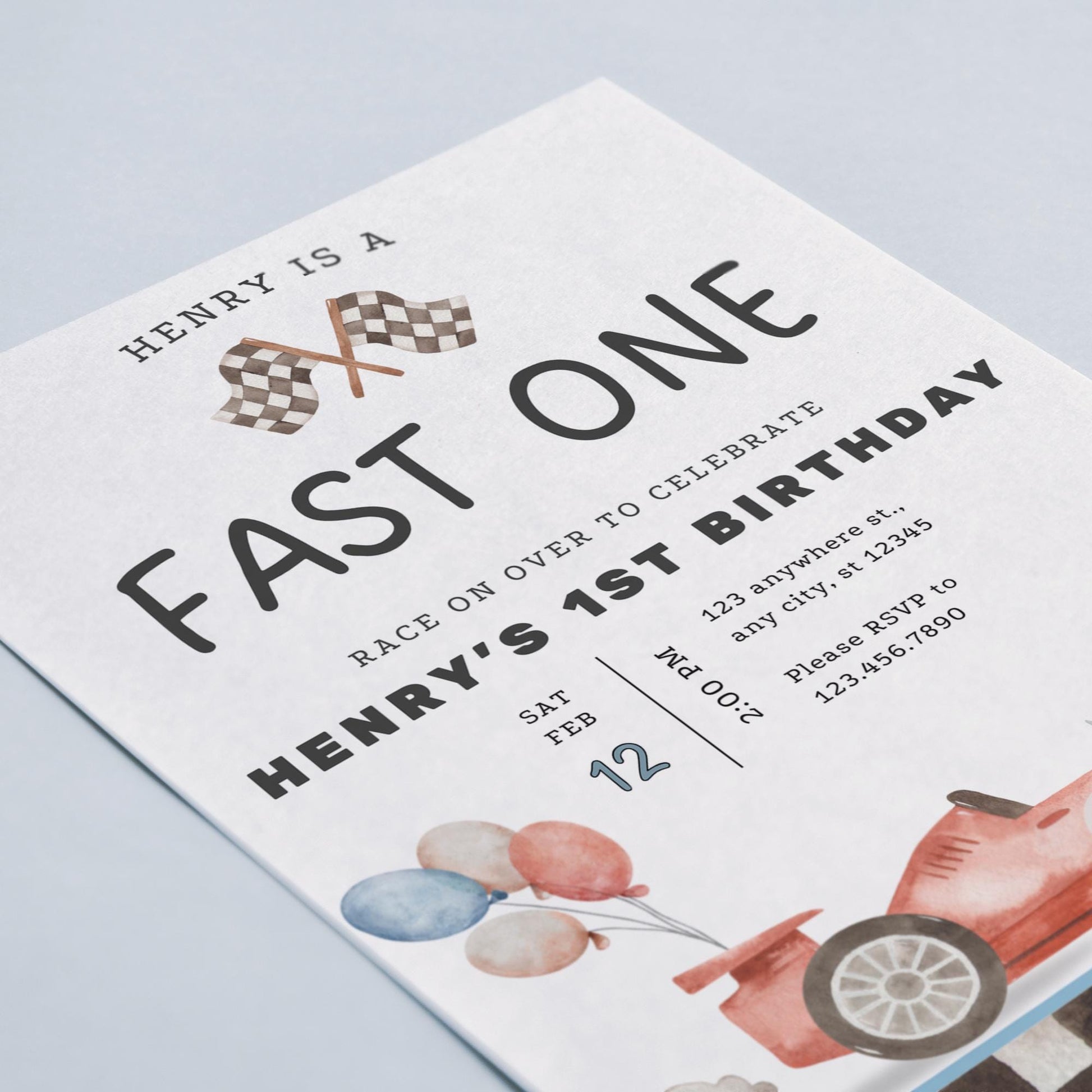 Editable Fast One Birthday Invitation - Racing Car Birthday - Printable Template - Instant Download for Kids