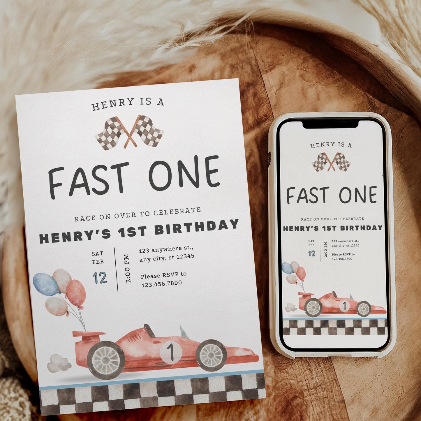 Fast One Birthday Invitation - Editable Race Car Invite - 1st Birthday Party - Instant Download Template