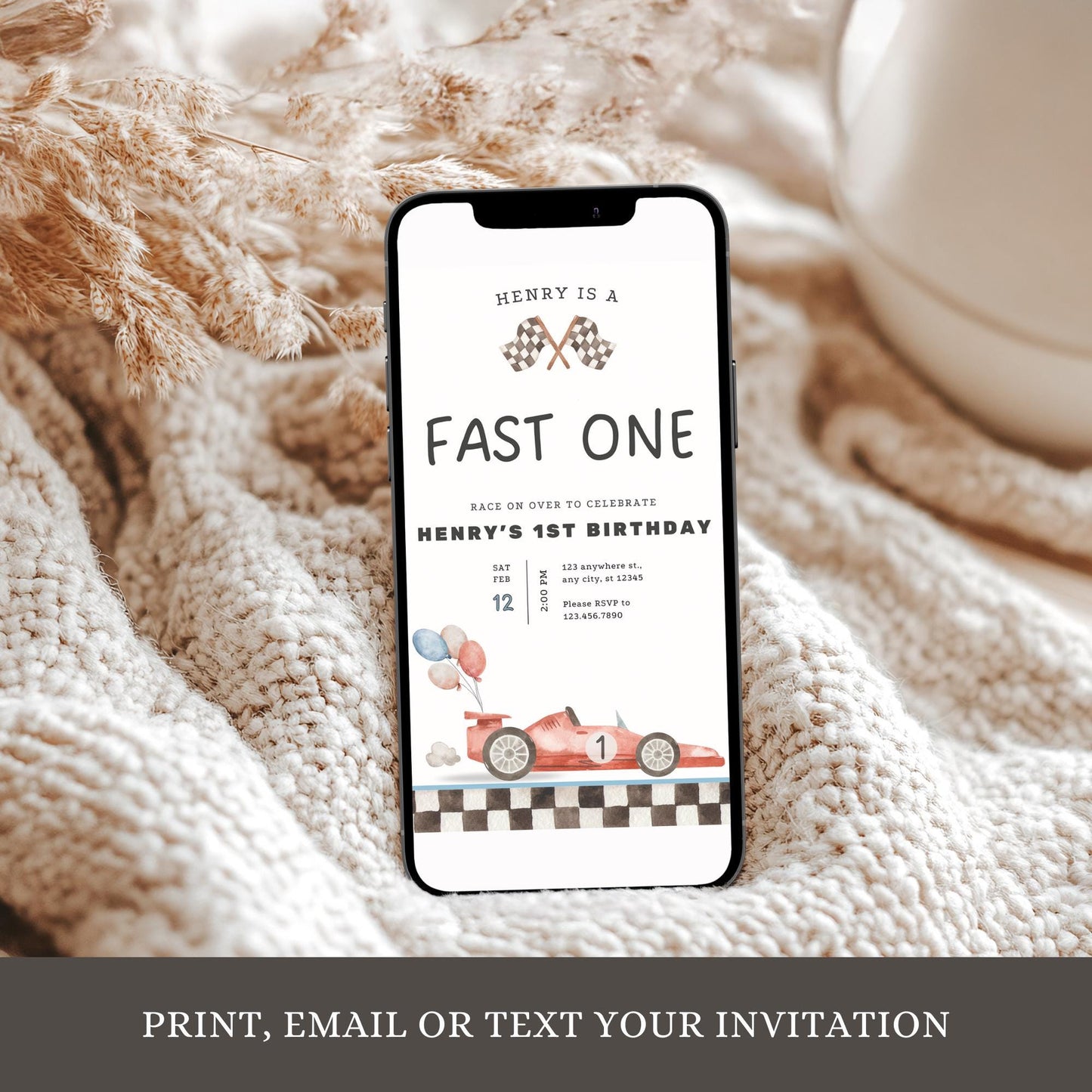 Fast One Birthday Invitation - Race Car Party Invite - Editable Digital Download - 1st Birthday Template