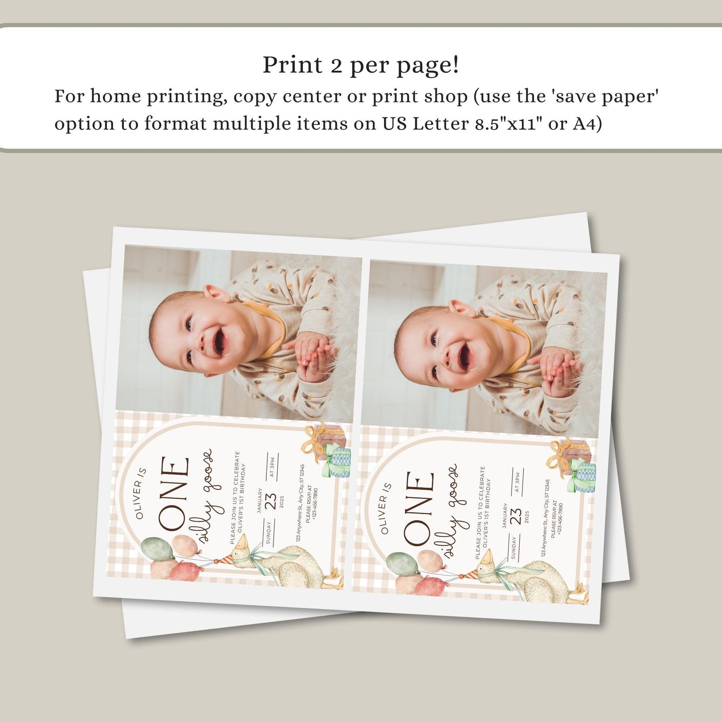 One Silly Goose Birthday Invite Gender Neutral First Birthday 1st Birthday Silly Goose Decor Editable  Invitation Nursery Rhyme Birthday