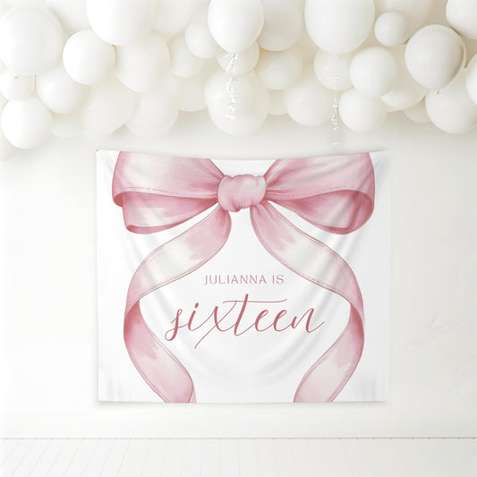 16th birthday Personalized Banner Coquette Party Decor Photo Backdrop 16th Birthday Sign sixteenth Pink Bow Birthday Sweet Sixteen