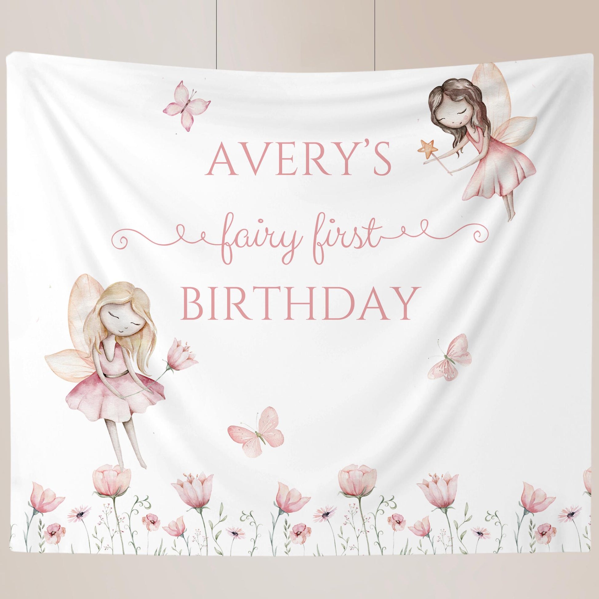 Fairy First Birthday Personalized Banner 1st Birthday Wildflower Fairy Garden Party Decor Backdrop Little Fairy turning One party sign