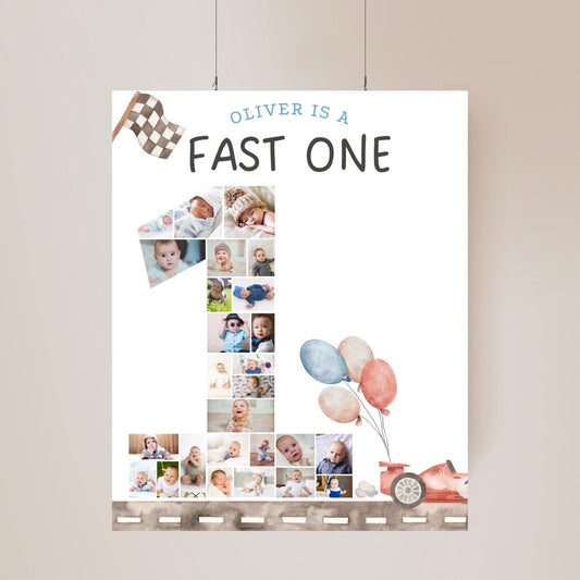Fast One Birthday Sign Photo Collage Editable Race Car Party Monthly Banner 1st Birthday Photo Banner Milestone photo sign