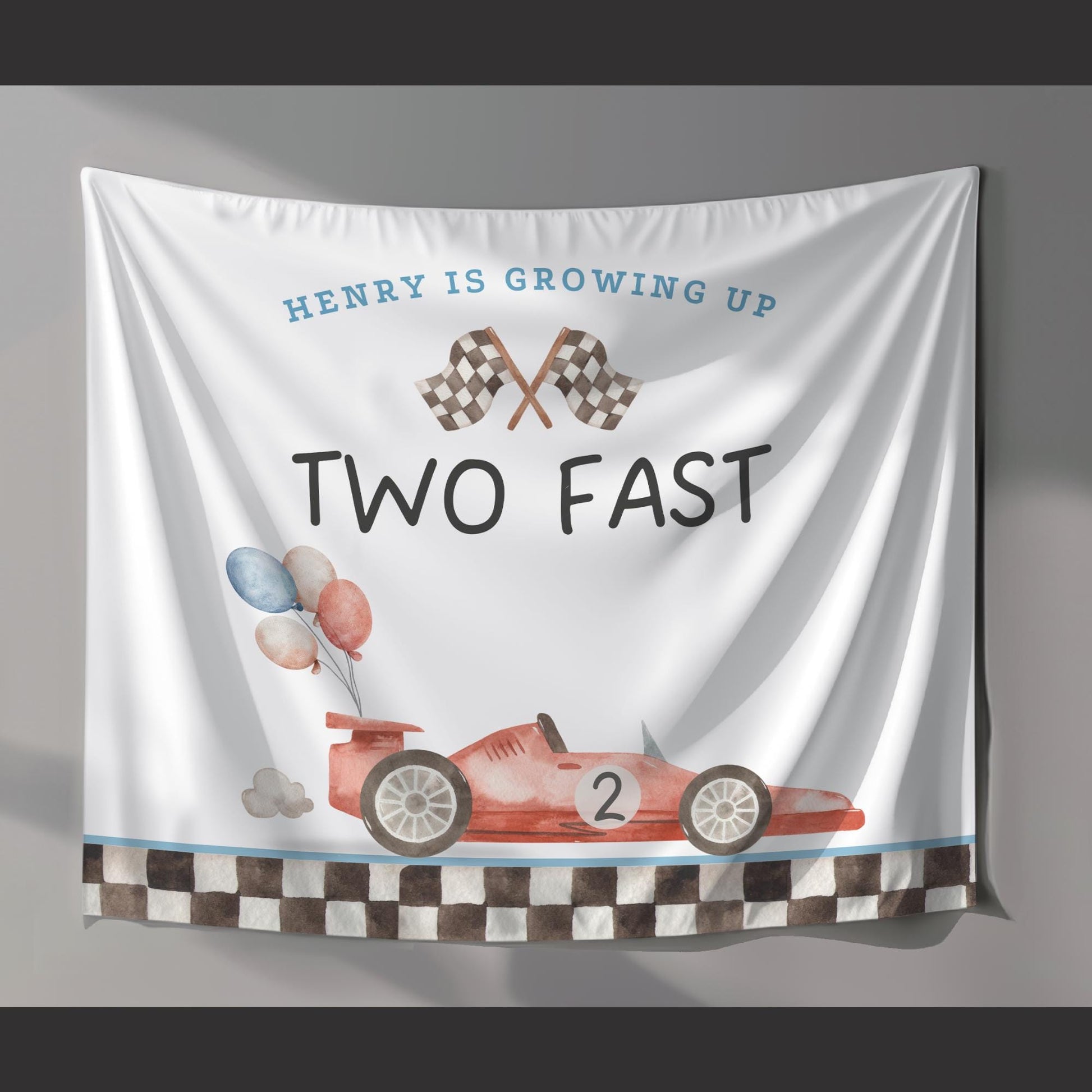 Two Fast Birthday Personalized Banner 2nd Birthday Racecar Party Decor Photo Backdrop Racing Custom Banner Two Fast Two Curious Wall Decor