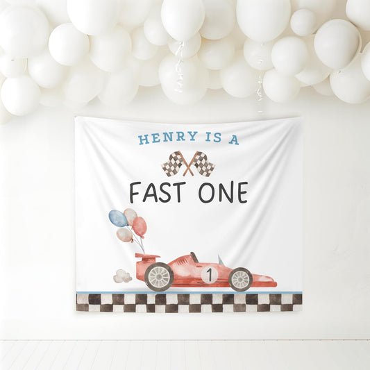 Fast One Birthday Personalized Banner 1st Birthday Racecar Party Decor Photo Backdrop Racing Custom Banner first lap down Wall Decor