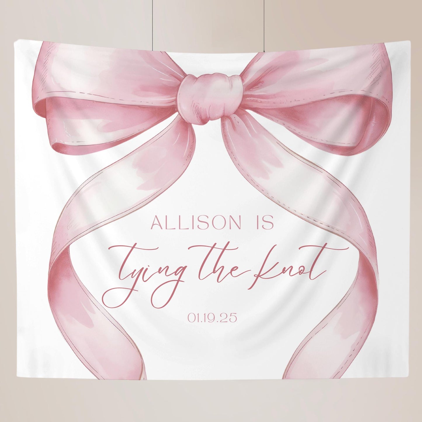 She&#39;s Tying the Knot Bridal Shower Personalized Banner Pink Coquette Party Decor Photo Backdrop Ribbon She&#39;s Tying the Knot Bachelorette
