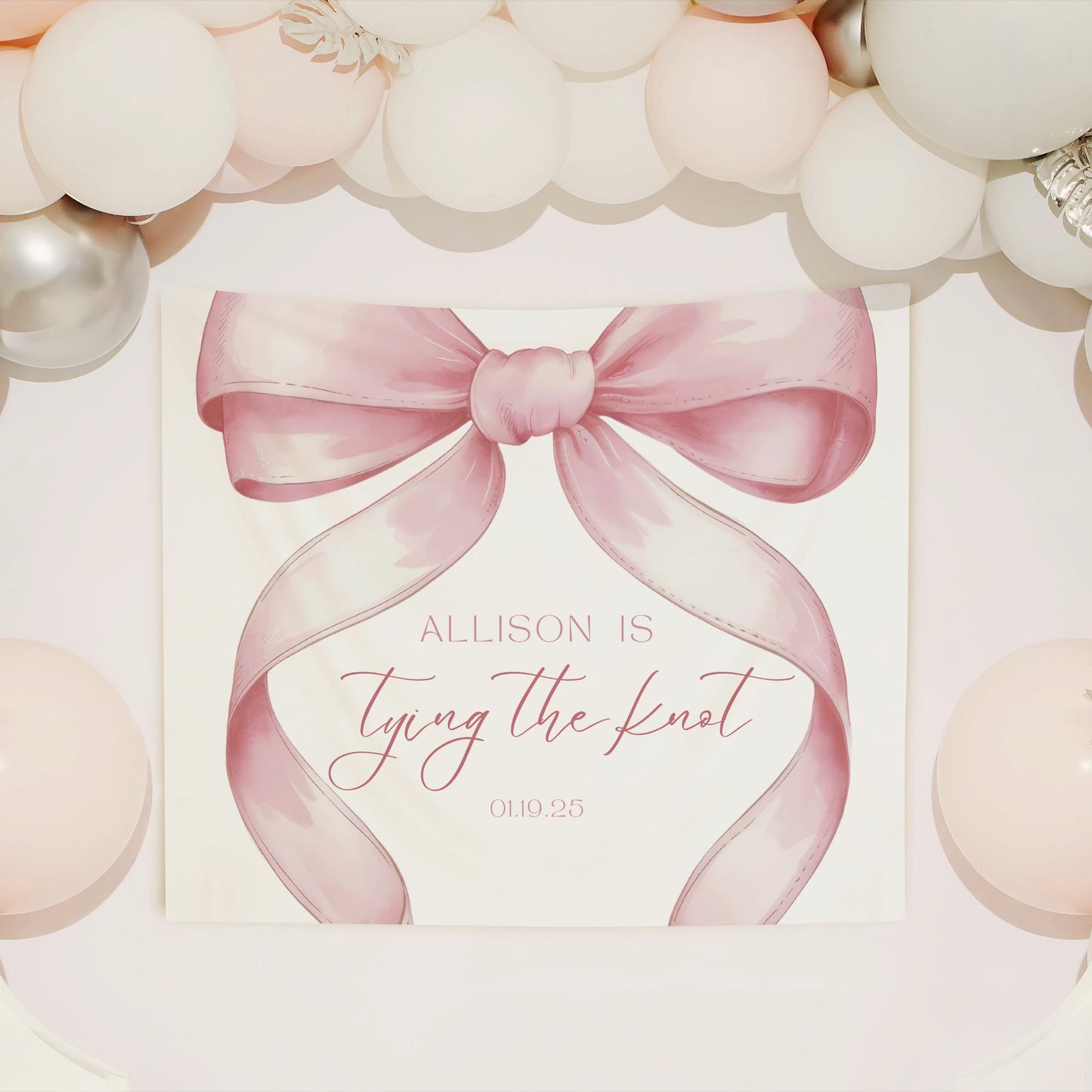 She&#39;s Tying the Knot Bridal Shower Personalized Banner Pink Coquette Party Decor Photo Backdrop Ribbon She&#39;s Tying the Knot Bachelorette