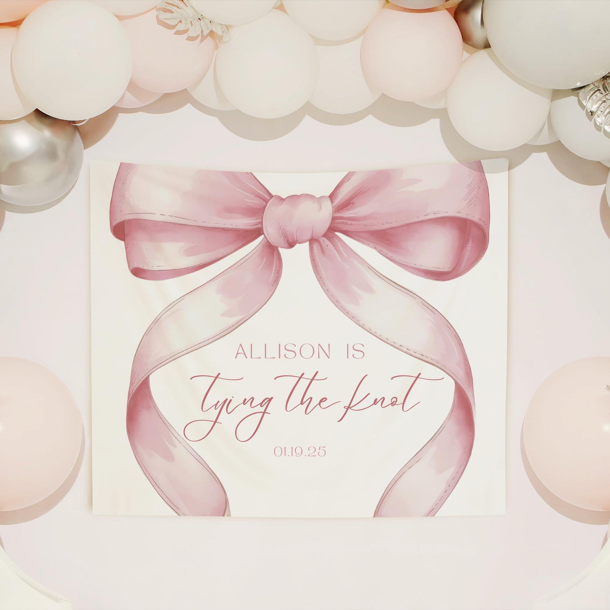 She&#39;s Tying the Knot Bridal Shower Personalized Banner Pink Coquette Party Decor Photo Backdrop Ribbon She&#39;s Tying the Knot Bachelorette