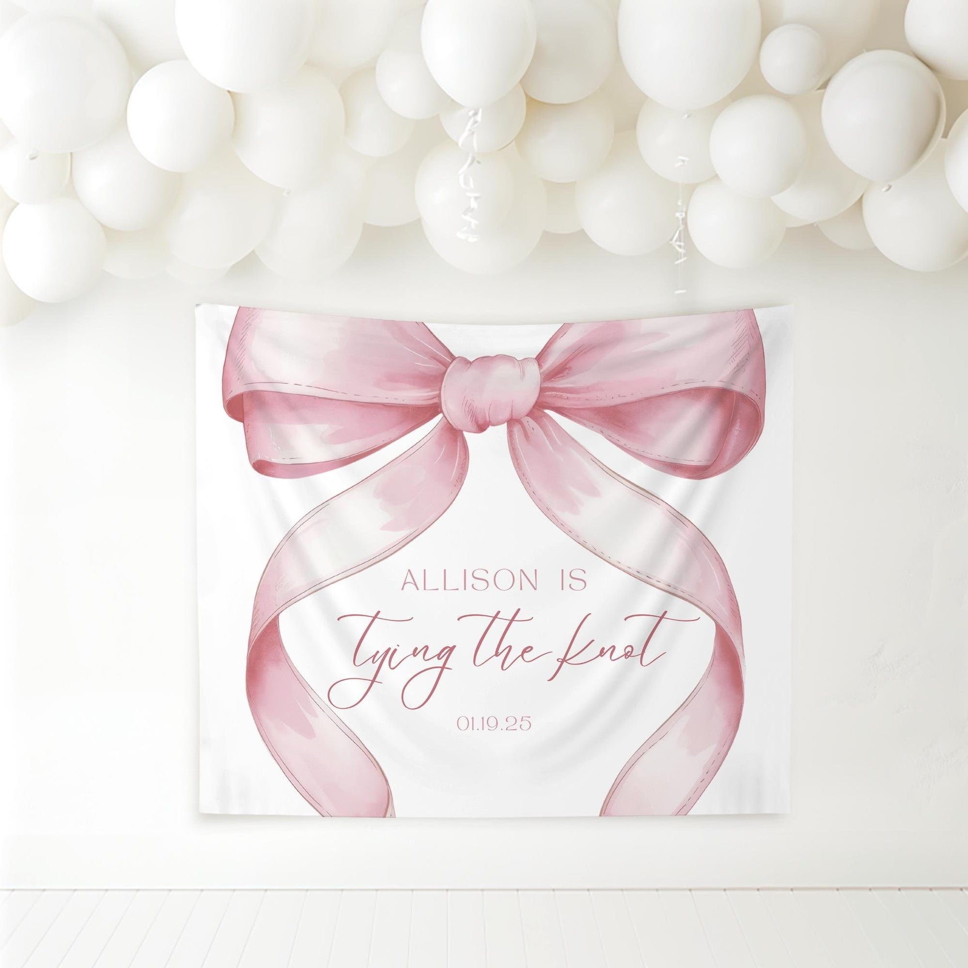 She&#39;s Tying the Knot Bridal Shower Personalized Banner Pink Coquette Party Decor Photo Backdrop Ribbon She&#39;s Tying the Knot Bachelorette