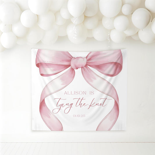 She&#39;s Tying the Knot Bridal Shower Personalized Banner Pink Coquette Party Decor Photo Backdrop Ribbon She&#39;s Tying the Knot Bachelorette