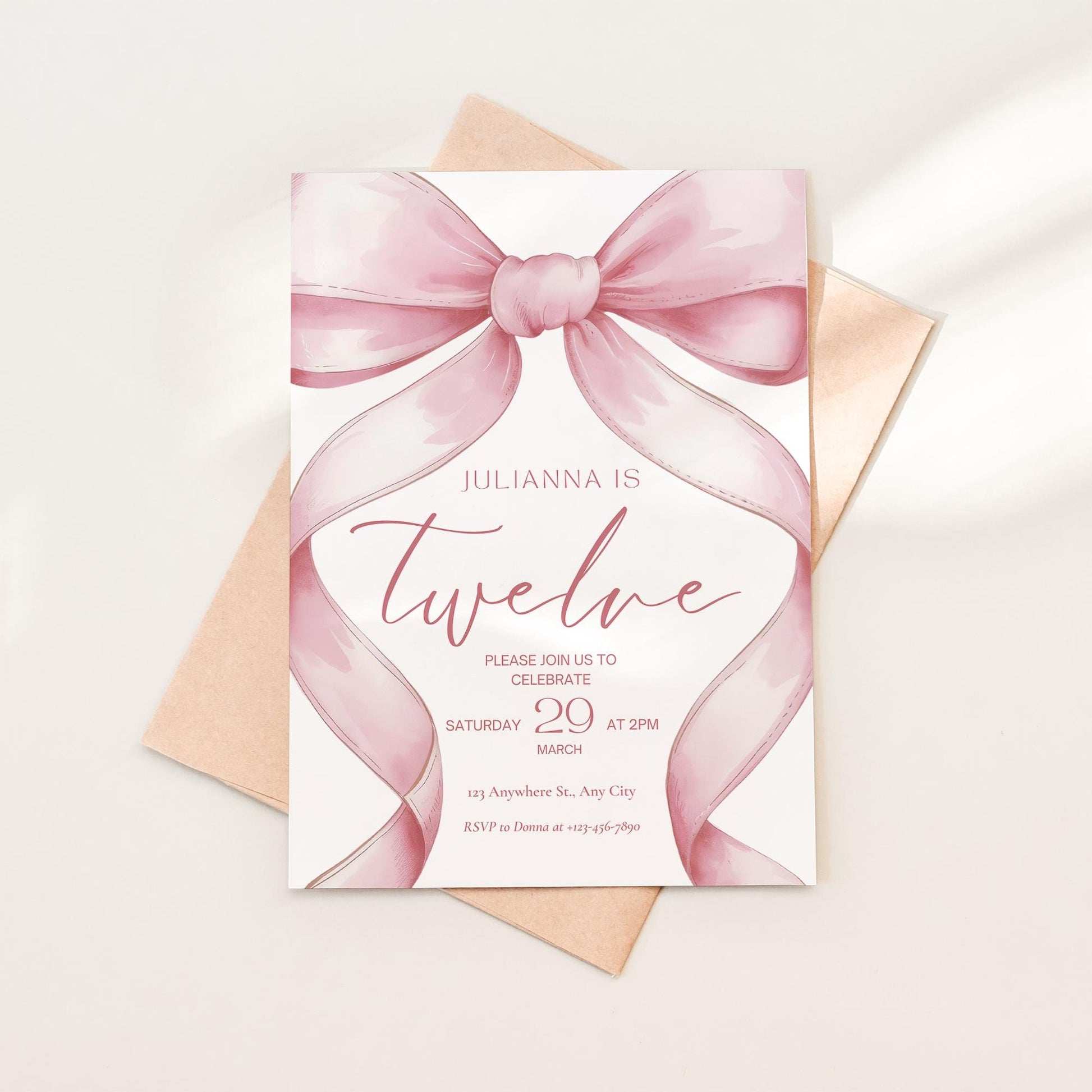 Pink Coquette Invite 12th Birthday Invitation Girl Twelfth Pink Bow Birthday Evite Tween Birthday Party Bow Party Invitation editable