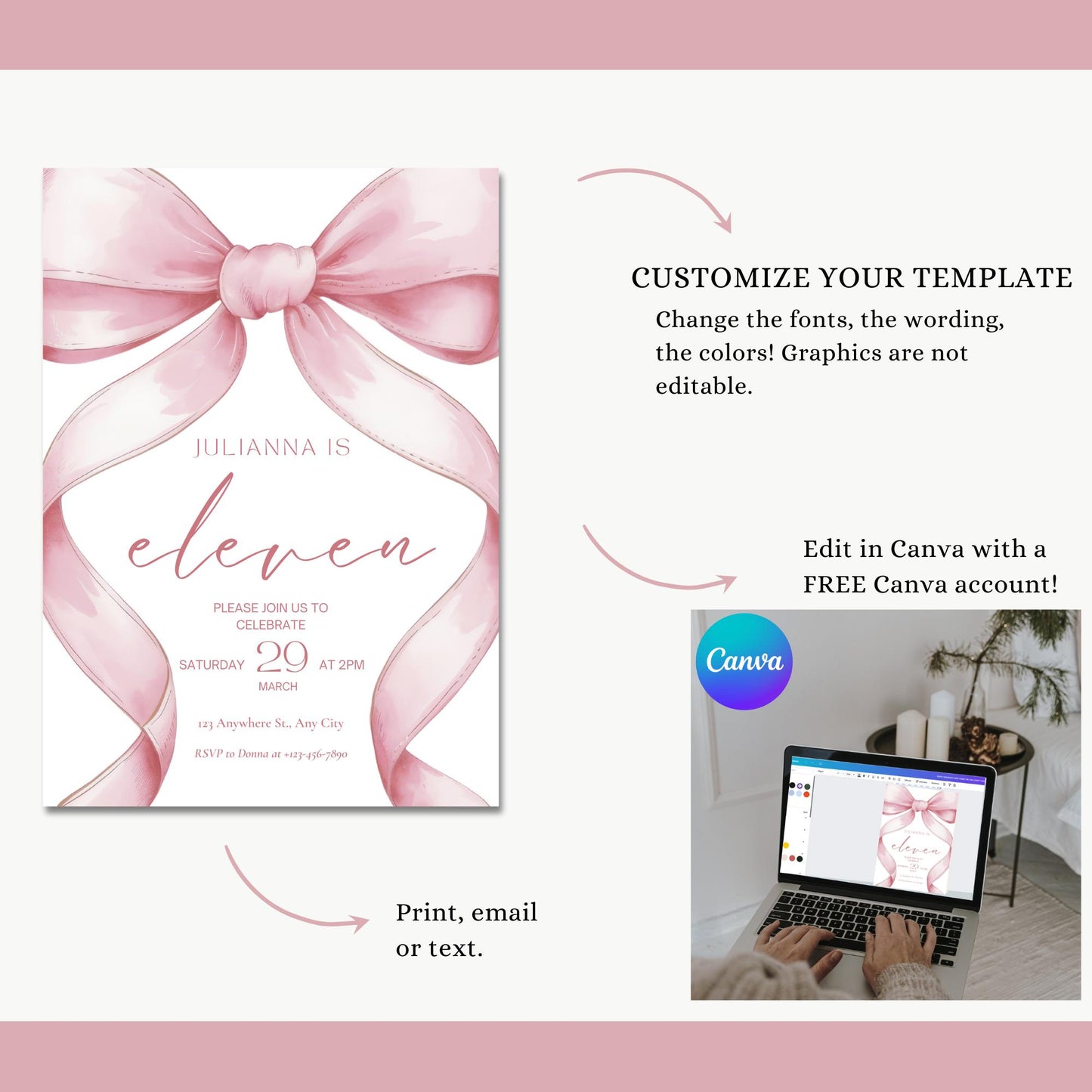 Pink Coquette Invite 11th Birthday Invitation Girl Eleventh Pink Bow Birthday Evite Tween Birthday Party Bow Party Invitation editable