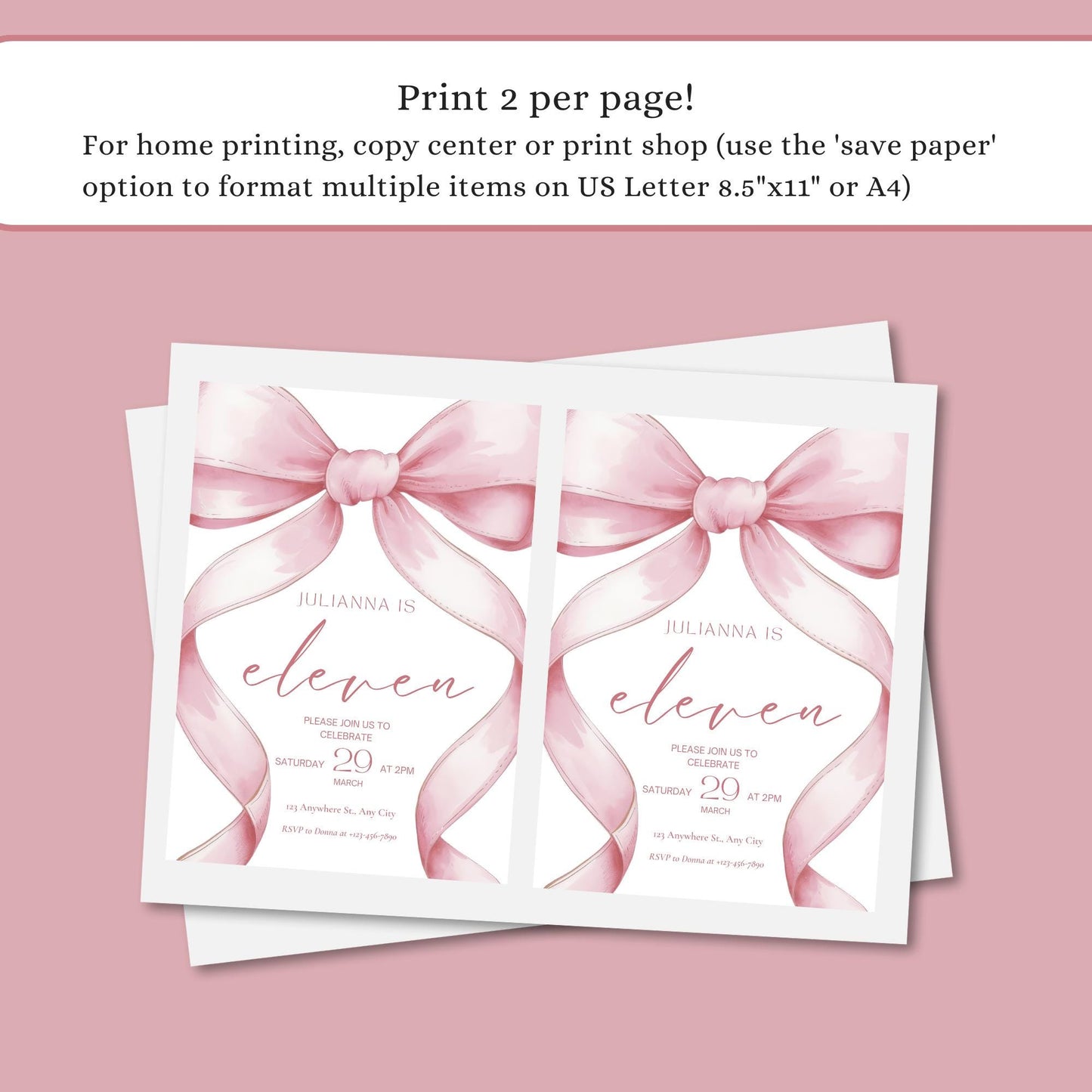 Pink Coquette Invite 11th Birthday Invitation Girl Eleventh Pink Bow Birthday Evite Tween Birthday Party Bow Party Invitation editable