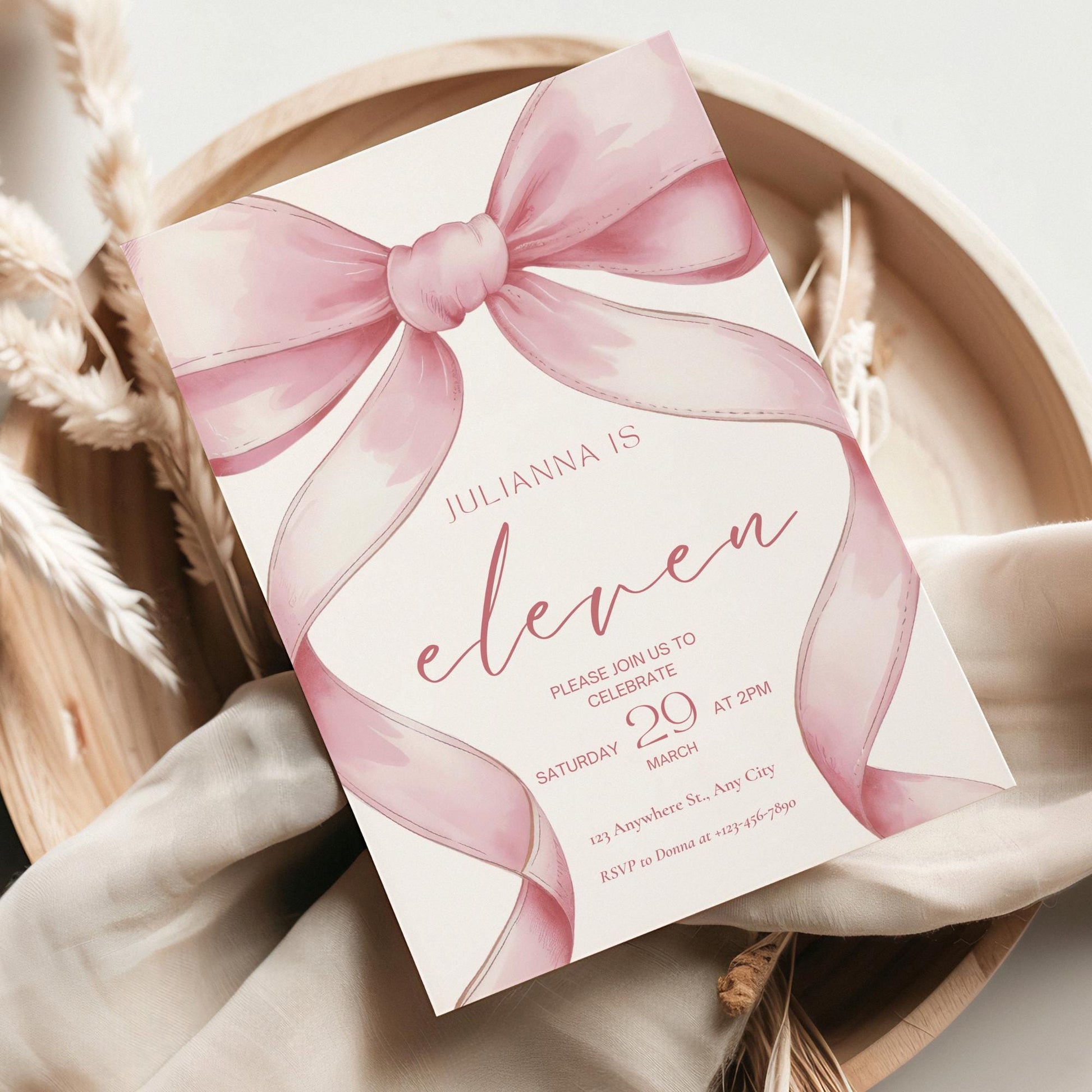 Pink Coquette Invite 11th Birthday Invitation Girl Eleventh Pink Bow Birthday Evite Tween Birthday Party Bow Party Invitation editable