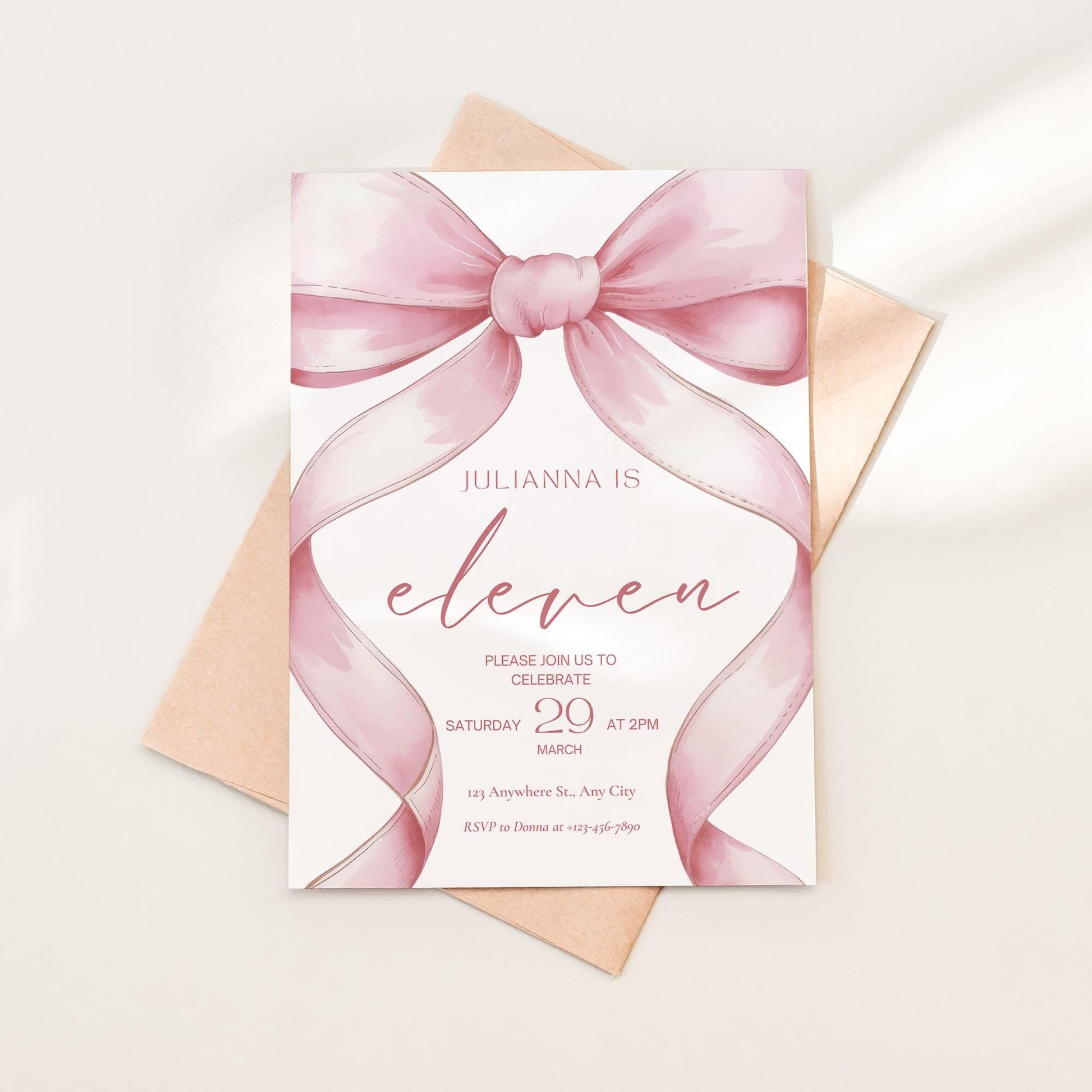 Pink Coquette Invite 11th Birthday Invitation Girl Eleventh Pink Bow Birthday Evite Tween Birthday Party Bow Party Invitation editable