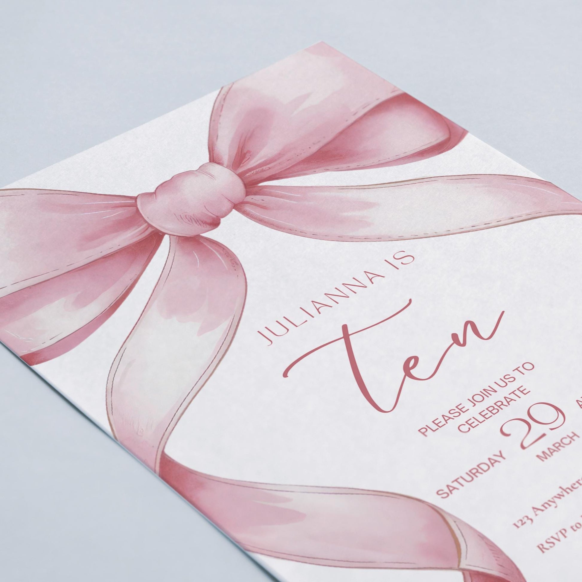 Pink Coquette Invite 10 year old girl birthday invitation 10th Birthday Invitation Girl tenth Pink Bow Birthday Evite Tween Birthday Party