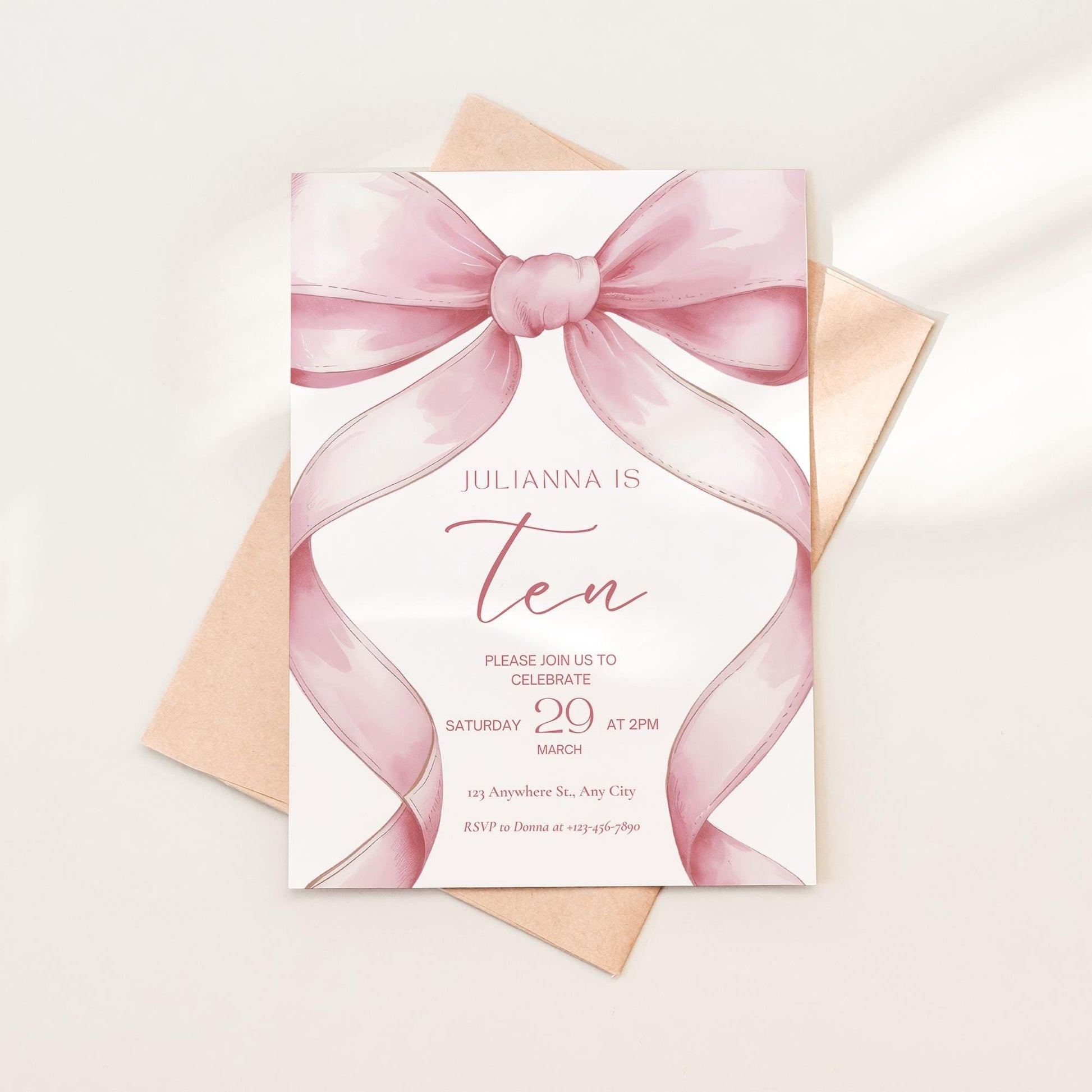 Pink Coquette Invite 10 year old girl birthday invitation 10th Birthday Invitation Girl tenth Pink Bow Birthday Evite Tween Birthday Party