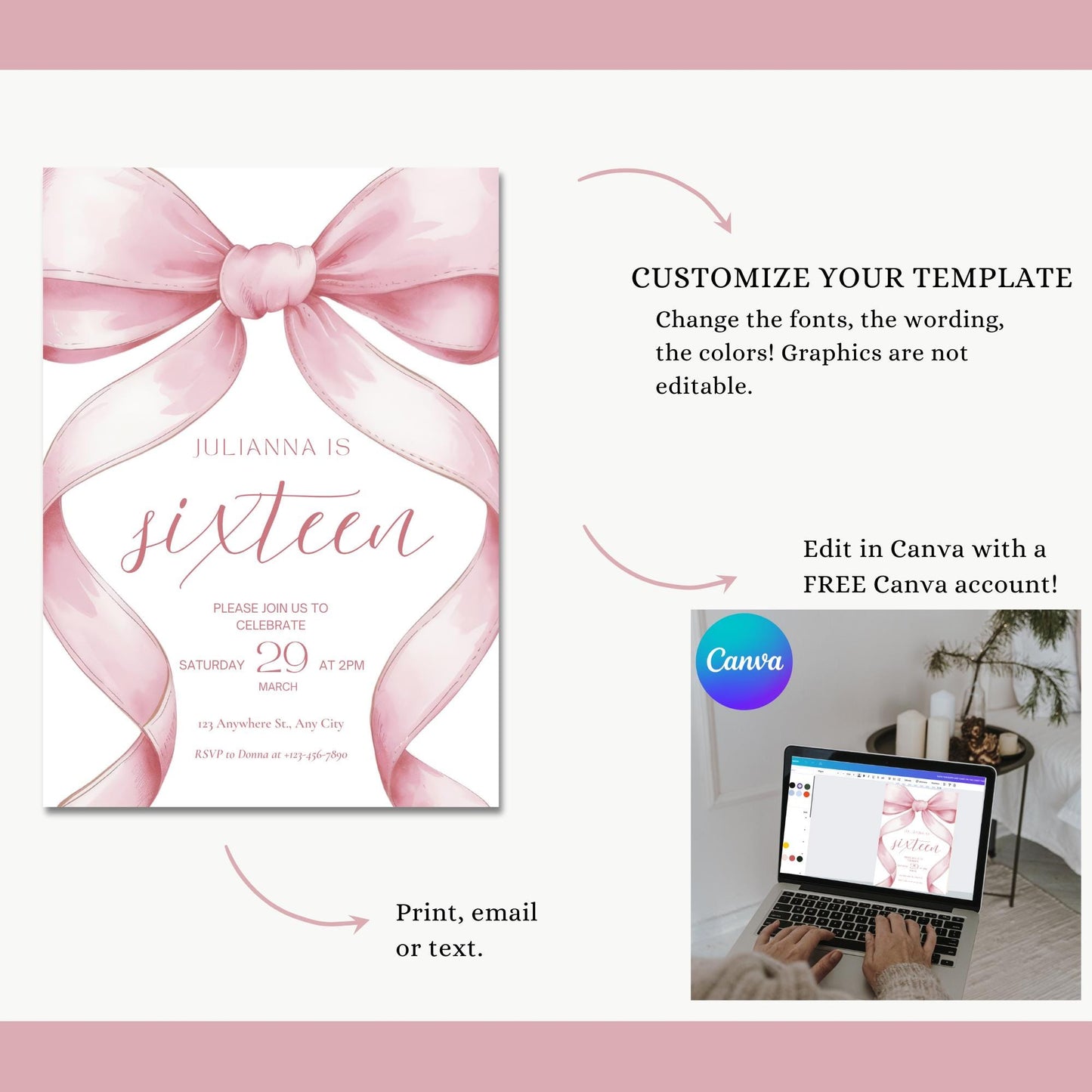 Pink Coquette Invite 16th birthday invitation 16th Birthday Invitation Girl sixteenth Pink Bow Birthday Teen Birthday Party Sweet Sixteen