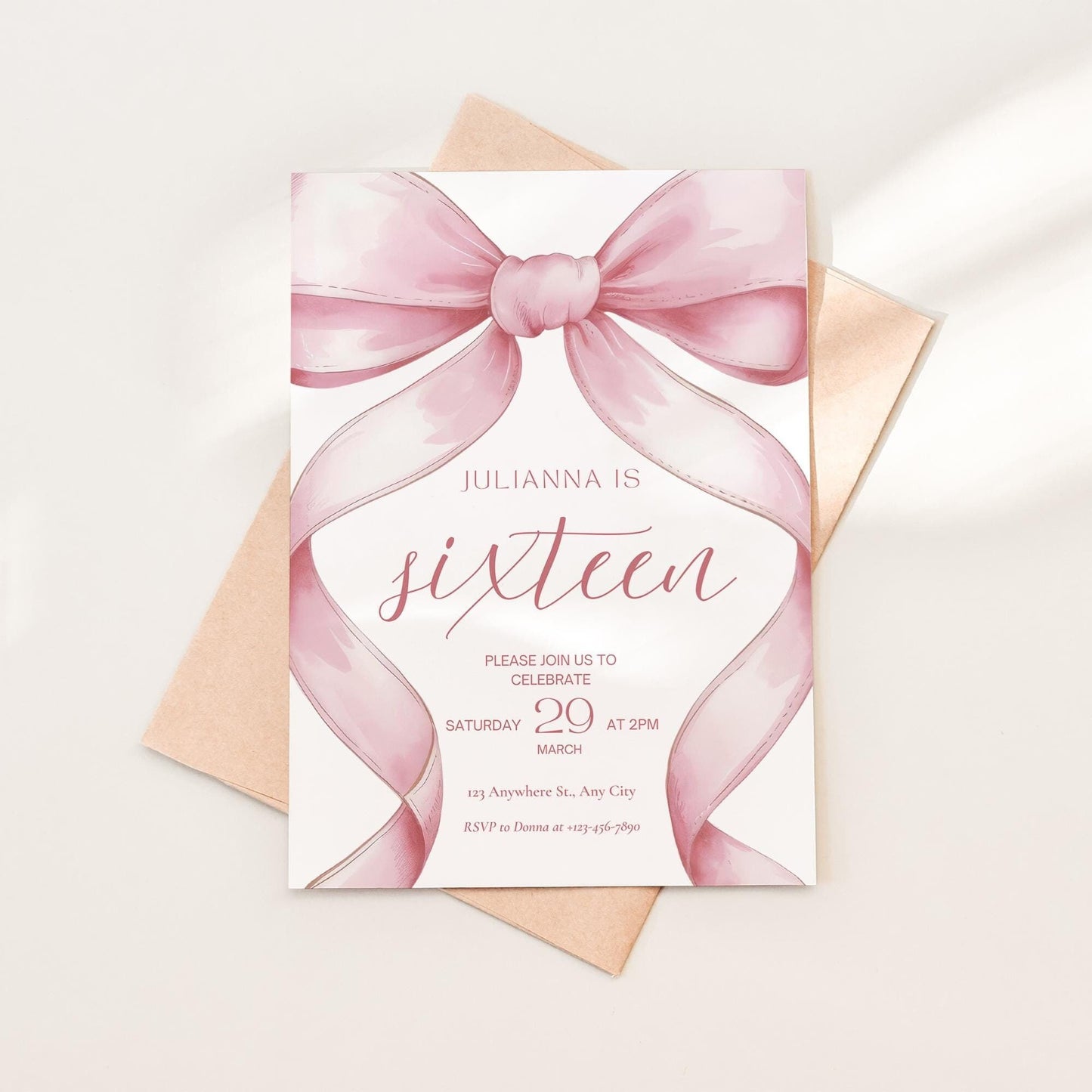 Pink Coquette Invite 16th birthday invitation 16th Birthday Invitation Girl sixteenth Pink Bow Birthday Teen Birthday Party Sweet Sixteen