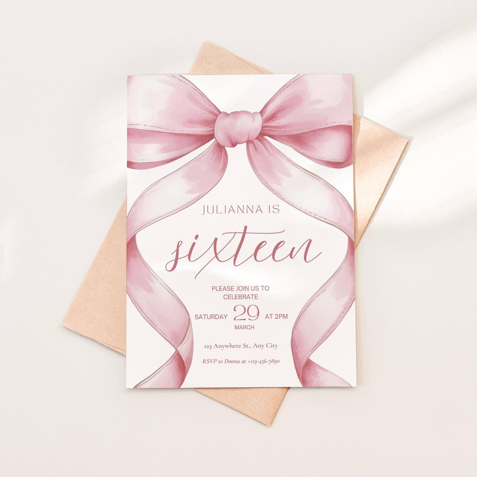 Pink Coquette Invite 16th birthday invitation 16th Birthday Invitation Girl sixteenth Pink Bow Birthday Teen Birthday Party Sweet Sixteen