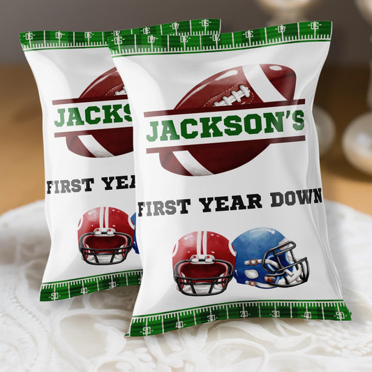 Editable Football Birthday Chip Bag Template - Football Party Favors - 1st Birthday Boy - Customizable Design