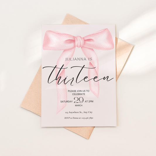 13th birthday invitation girl Pink Coquette Invite 13 year old girl Birthday Girl thirteenth Pink Bow Birthday Teen Birthday Party