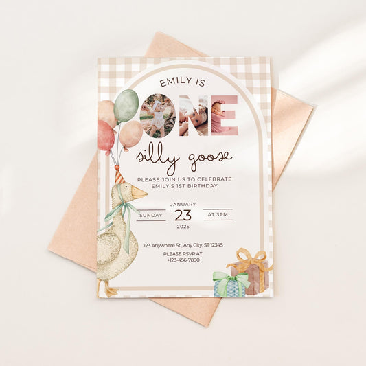 One Silly Goose Birthday Invite Gender Neutral First Birthday 1st Birthday Silly Goose Decor Editable  Invitation Nursery Rhyme Birthday