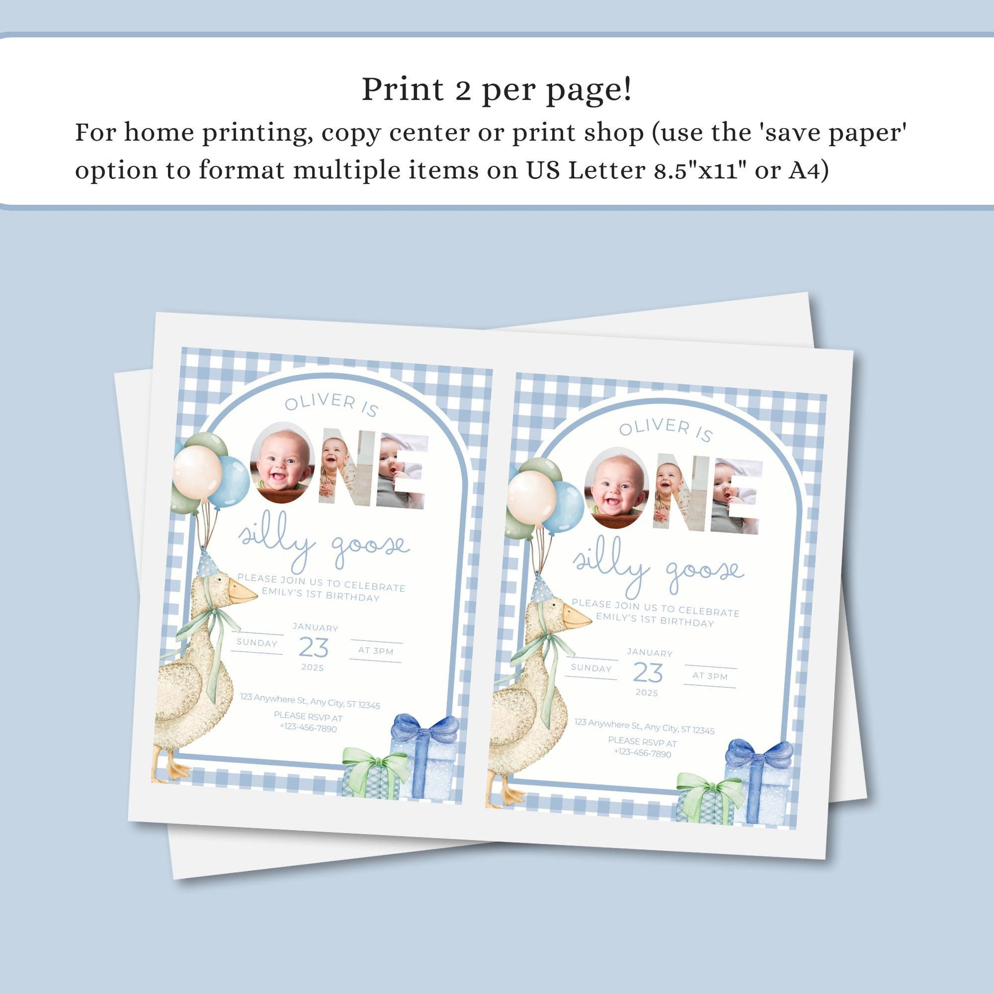 One Silly Goose Birthday Invite Blue Boy First Birthday 1st Birthday Silly Goose Decor Editable  Invitation Nursery Rhyme Birthday