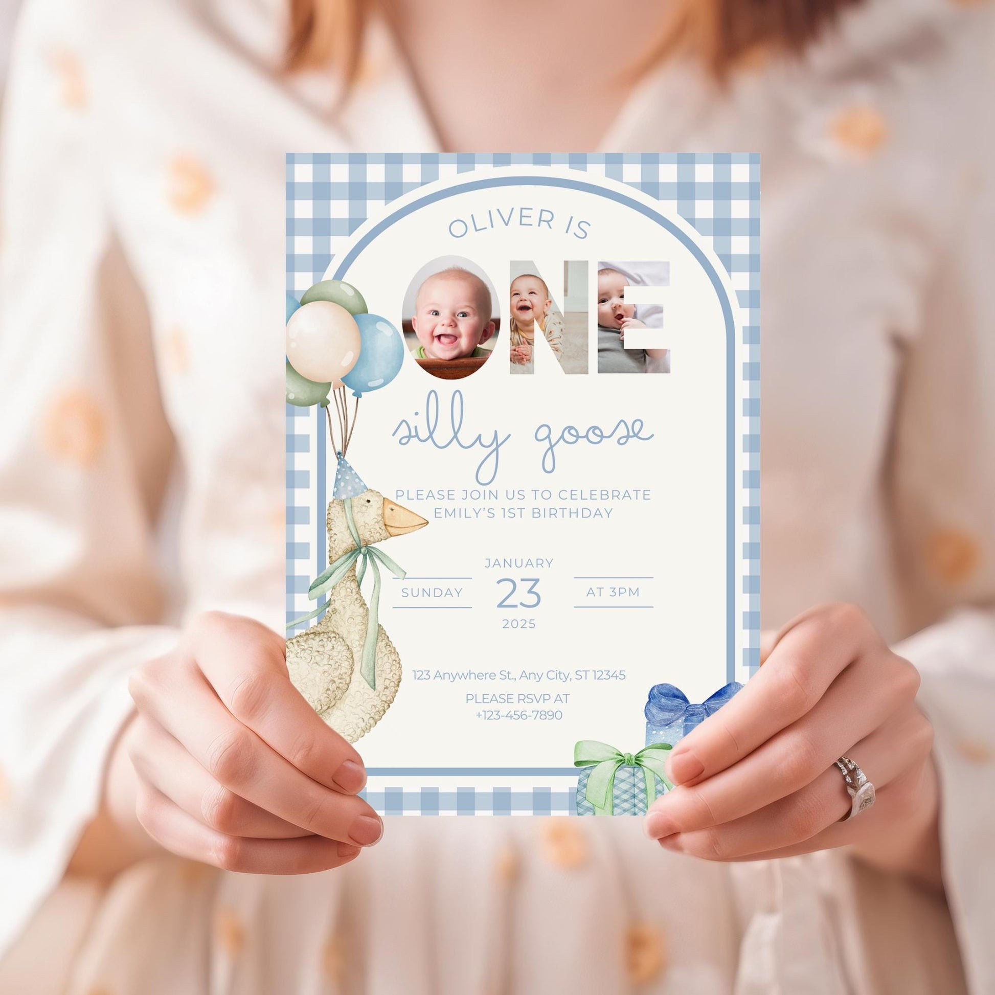 One Silly Goose Birthday Invite Blue Boy First Birthday 1st Birthday Silly Goose Decor Editable  Invitation Nursery Rhyme Birthday