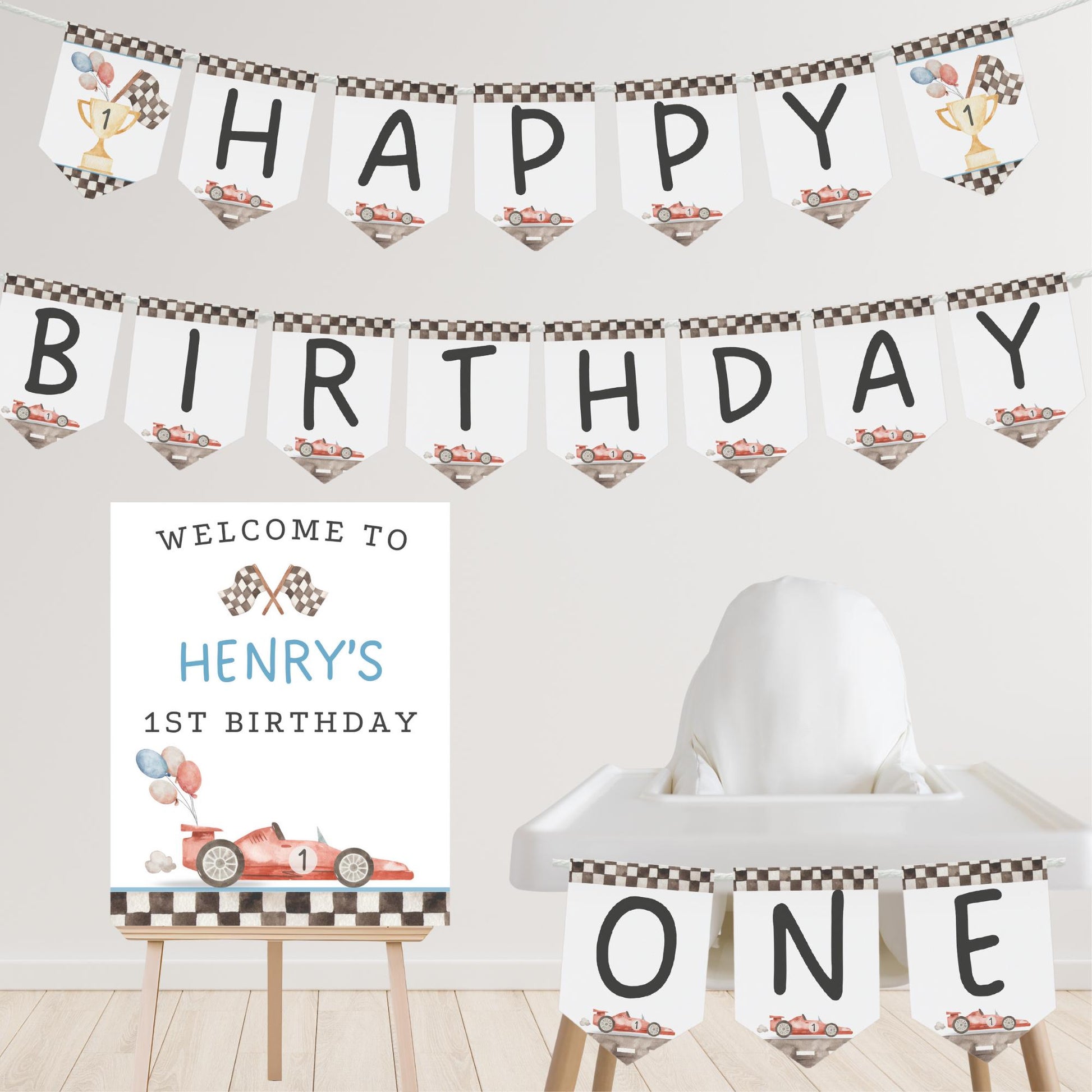 Fast One First Birthday Party Sign Happy Birthday Banner Racecar 1st Birthday Bunting First Lap Down Birthday Party Decor Racing Party