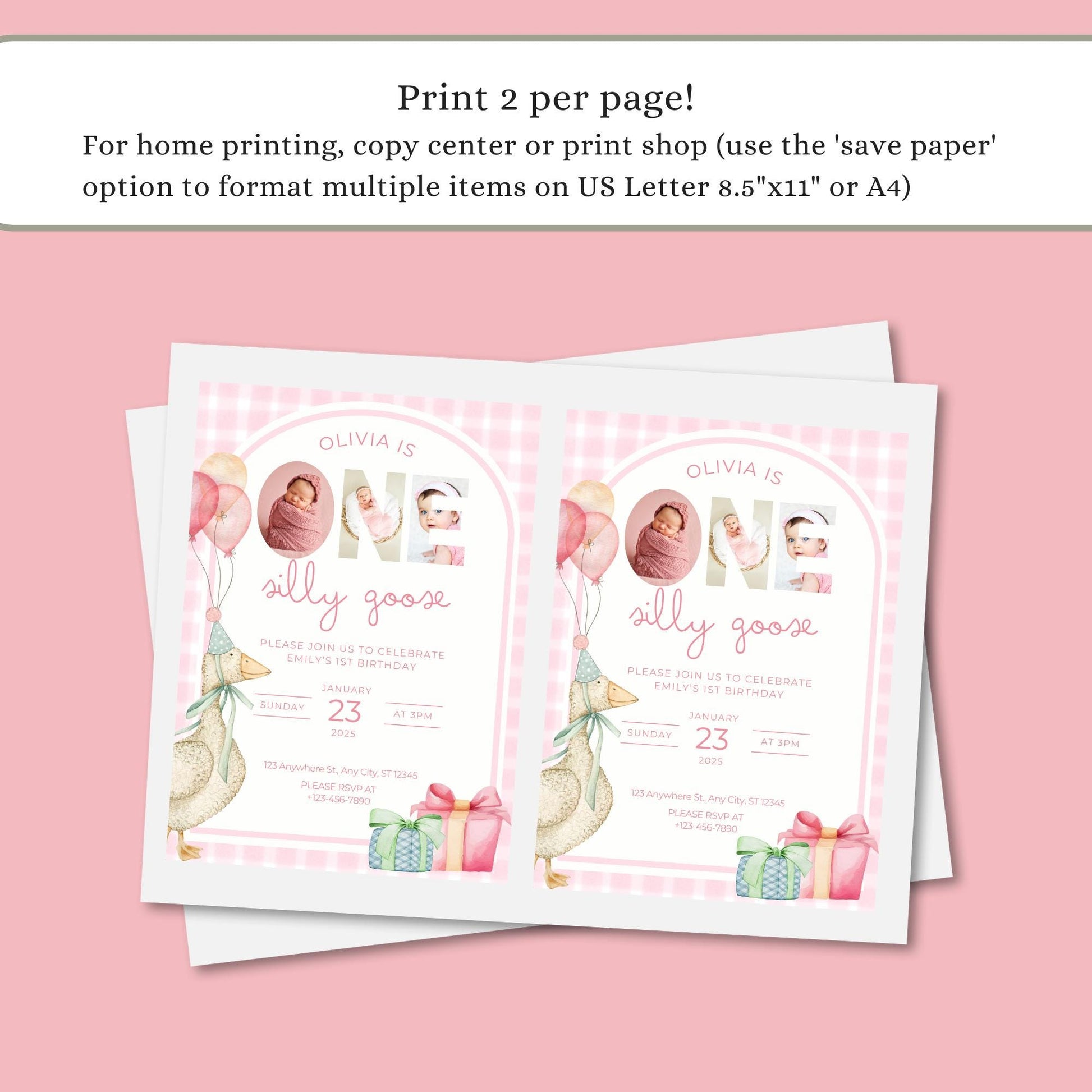 One Silly Goose Birthday Invite Pink Gingham Girl First Birthday 1st Birthday Silly Goose Decor Editable  Invitation Nursery Rhyme Birthday
